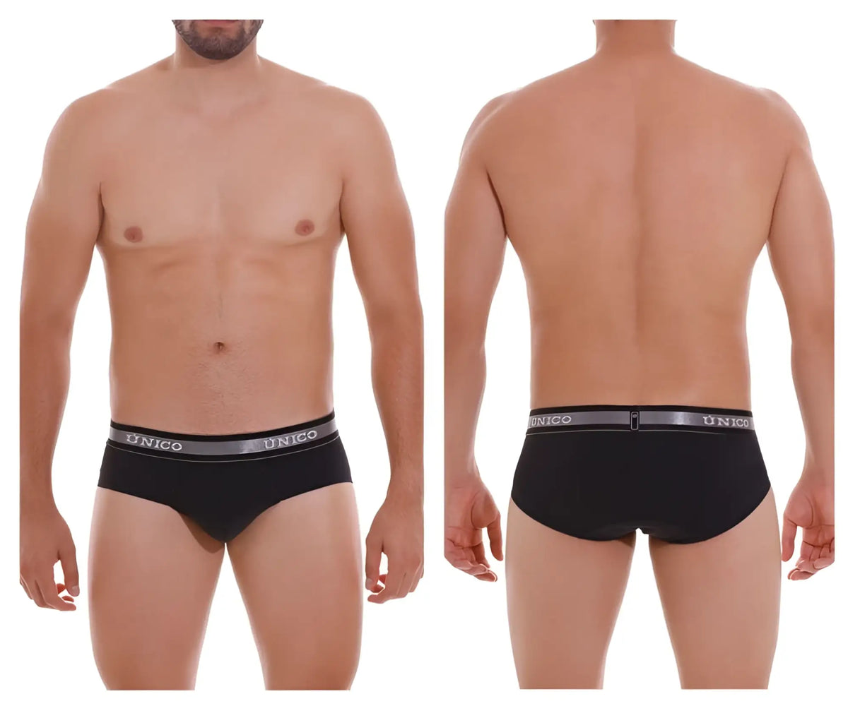 Black unico mens briefs with gray elastic waistband featuring the brand name in white lettering color 99 black