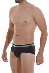 Black unico men’s briefs with gray elastic waistband featuring white unico branding in color 99-black