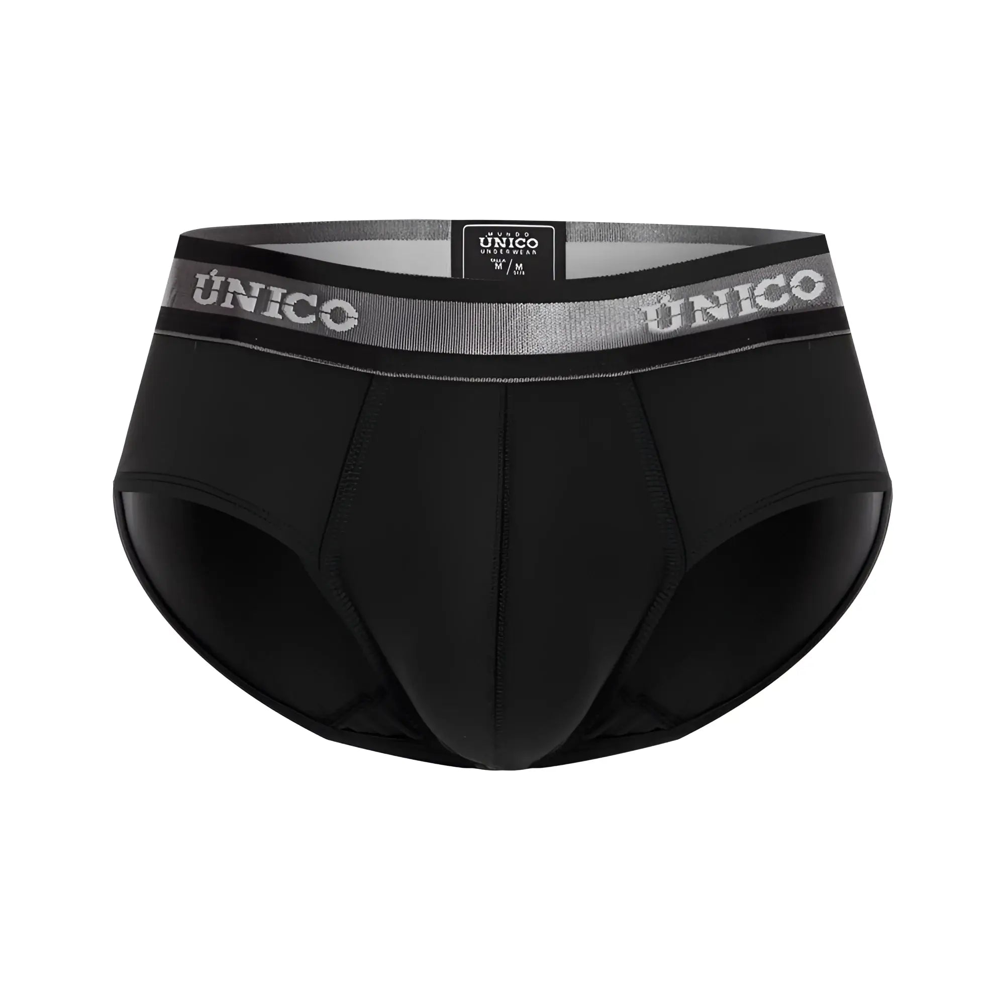 Black unico men’s briefs with gray elastic waistband featuring unico branding in white lettering color 99-black