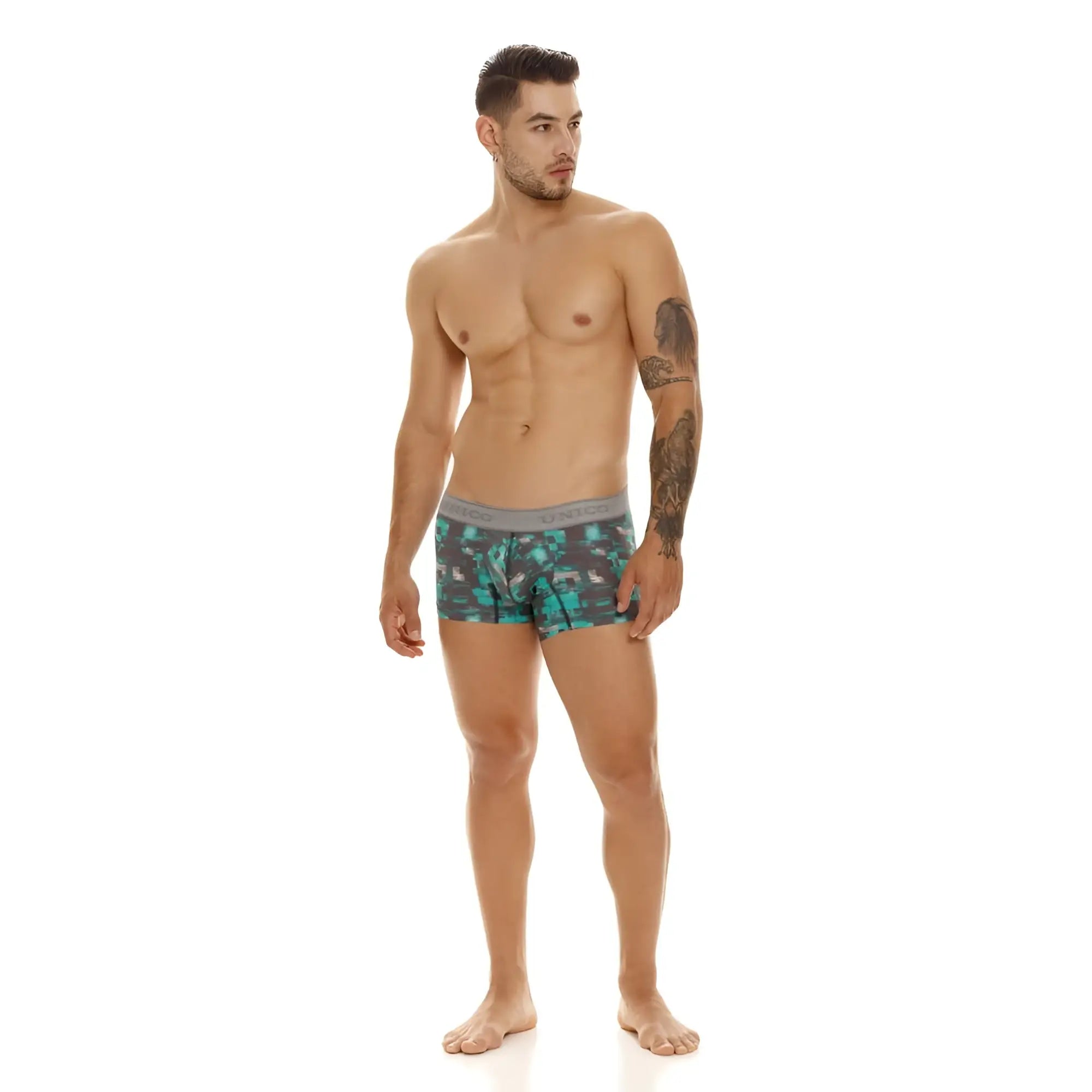 Men’s unico 23050100104 escaque trunks boxer briefs in teal and black camouflage with gray elastic waistband