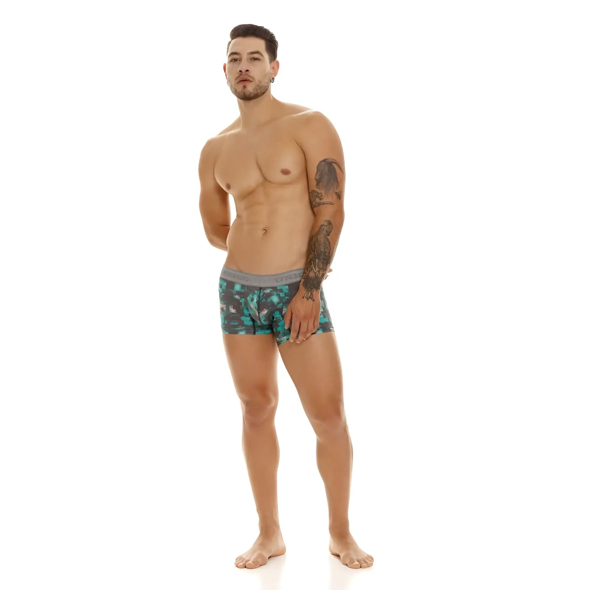 Men’s unico 23050100104 escaque trunks in teal and black camouflage boxer briefs with solid gray waistband
