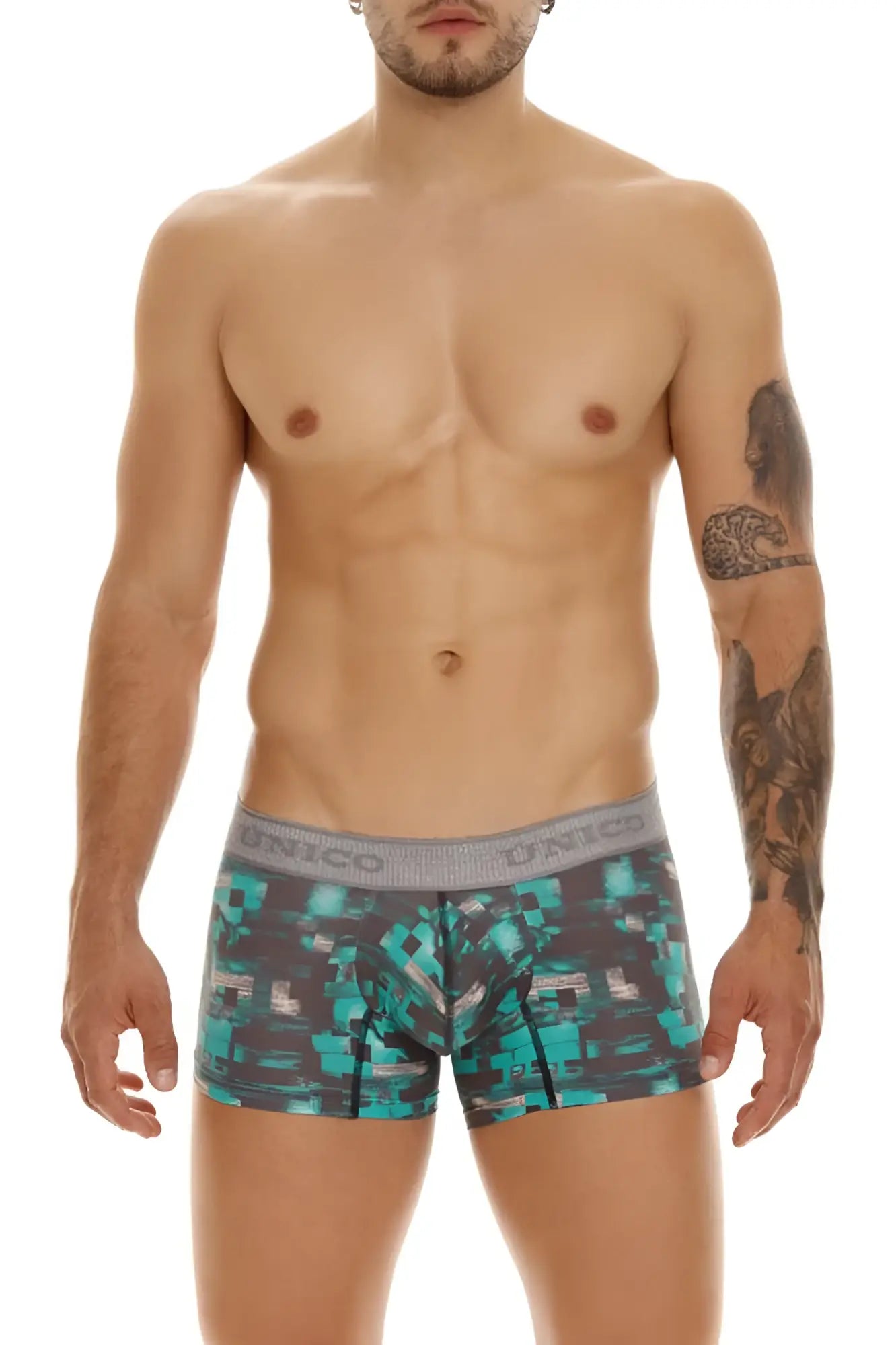 Men’s unico 23050100104 escaque trunks boxer briefs in teal gray digital camouflage with solid gray waistband