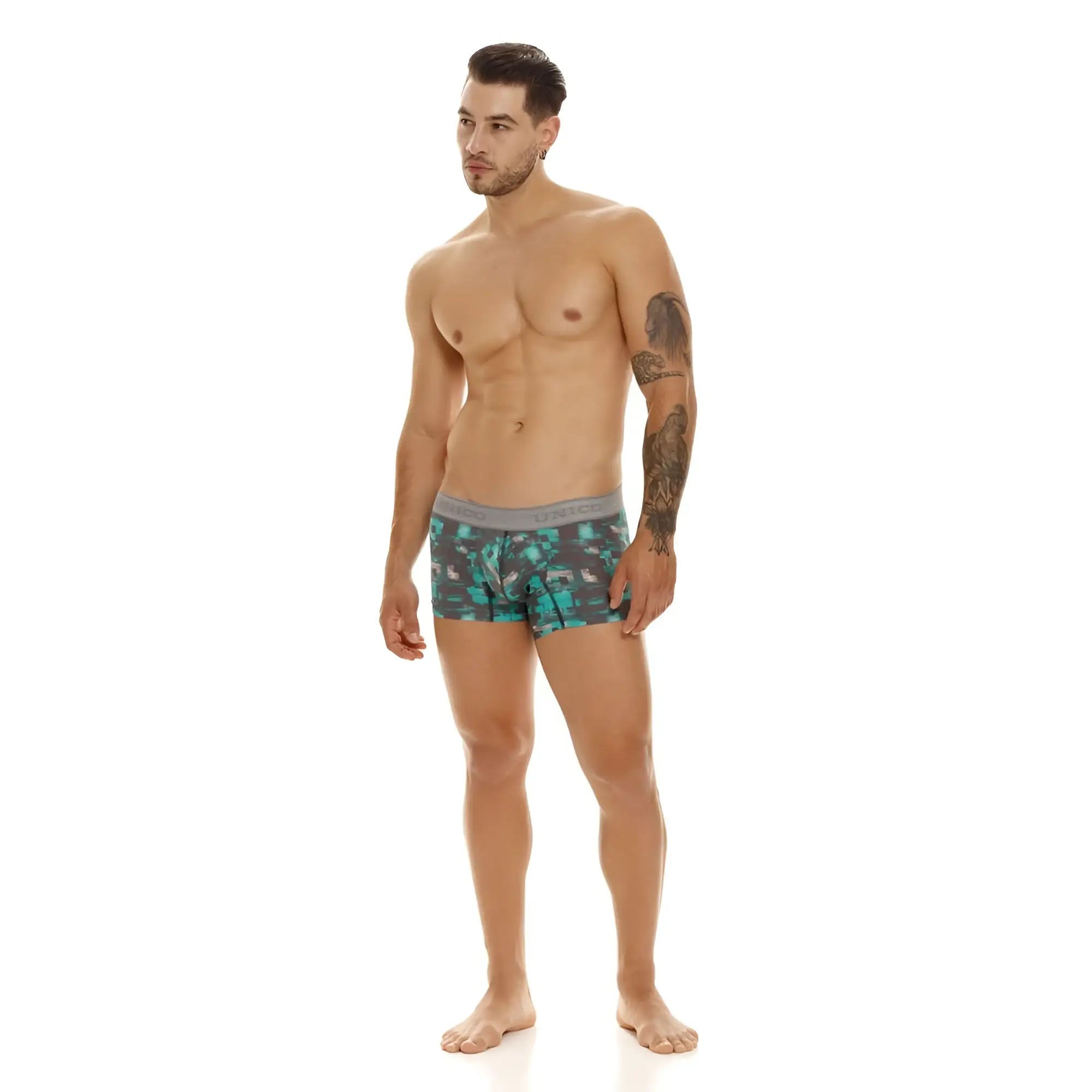 Men’s teal and gray camouflage boxer briefs with branded elastic waistband from unico escaque trunks color 63-green
