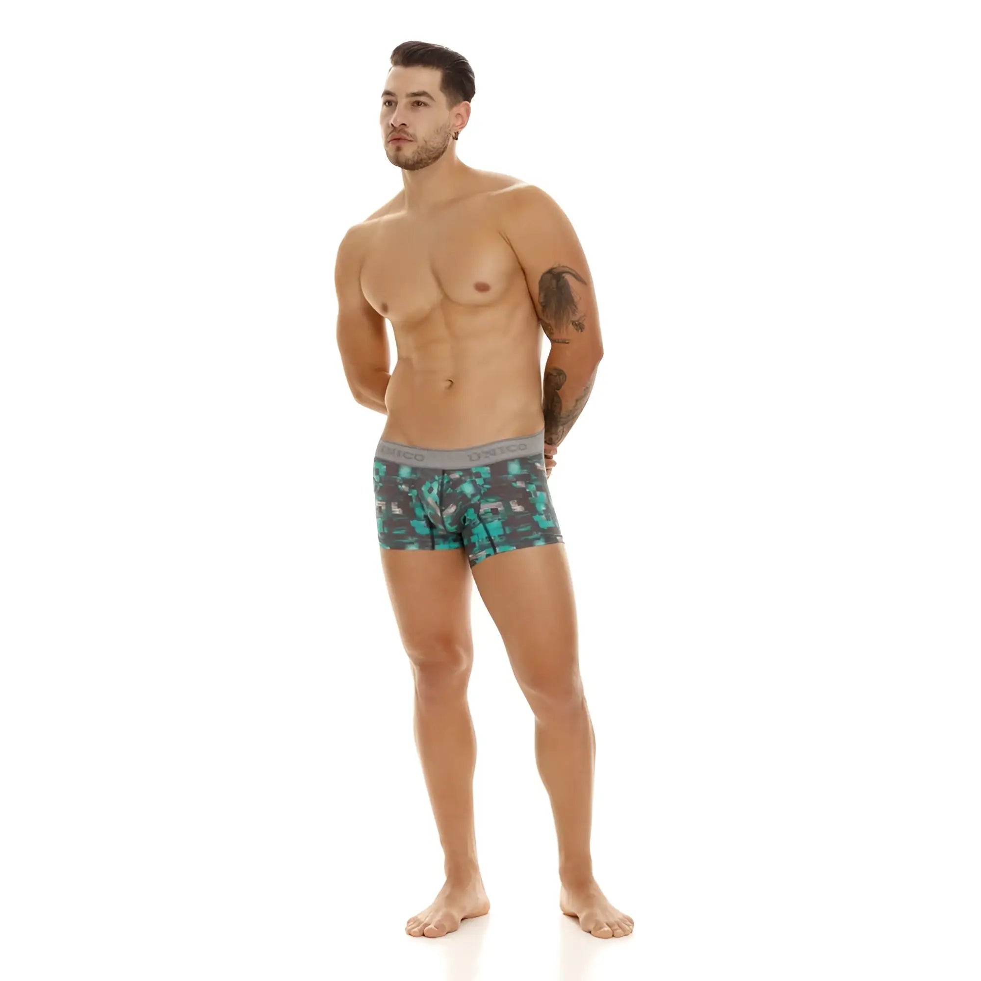 Unico 23050100104 Escaque teal and gray camouflage men’s boxer briefs with solid gray waistband front view