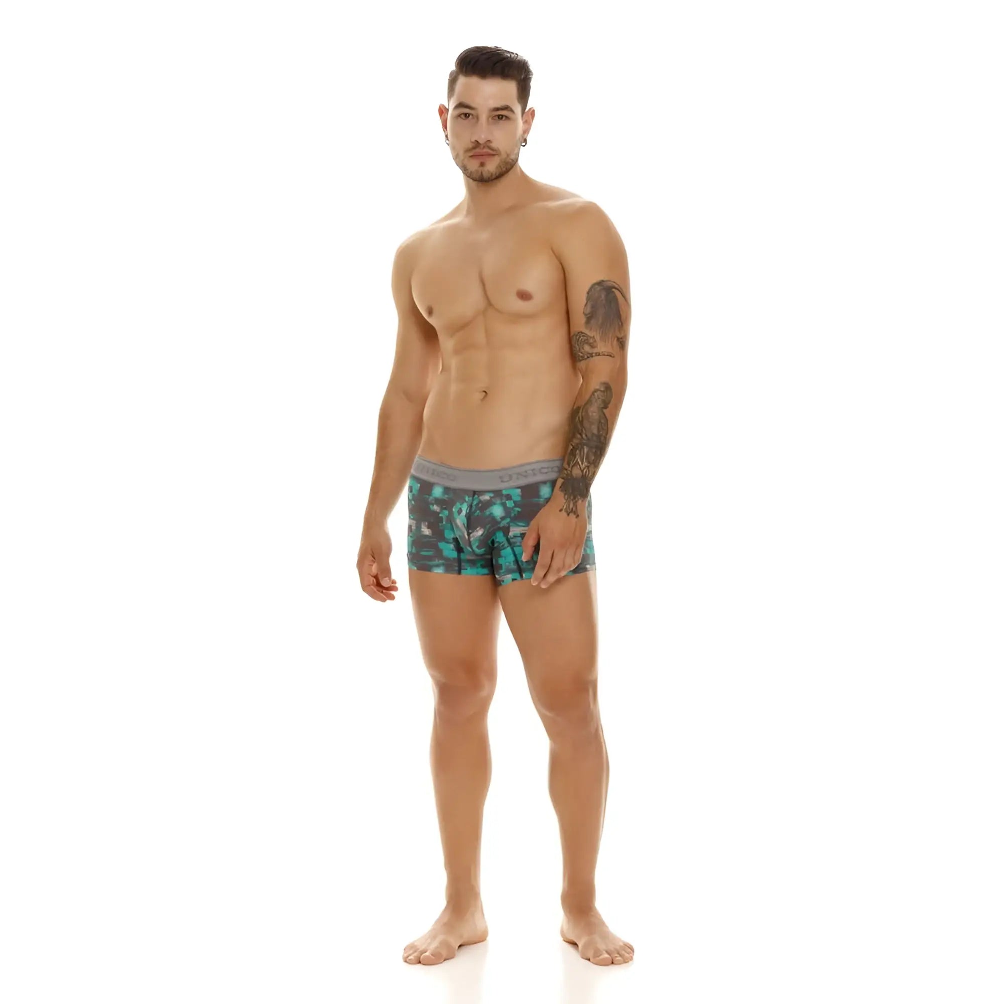 Men’s unico 23050100104 escaque trunks in teal and gray patterned fabric with solid gray waistband boxer briefs