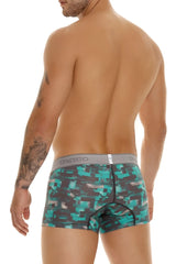 Unico 23050100104 escaque trunks in teal and black digital camouflage with gray unico waistband boxer briefs
