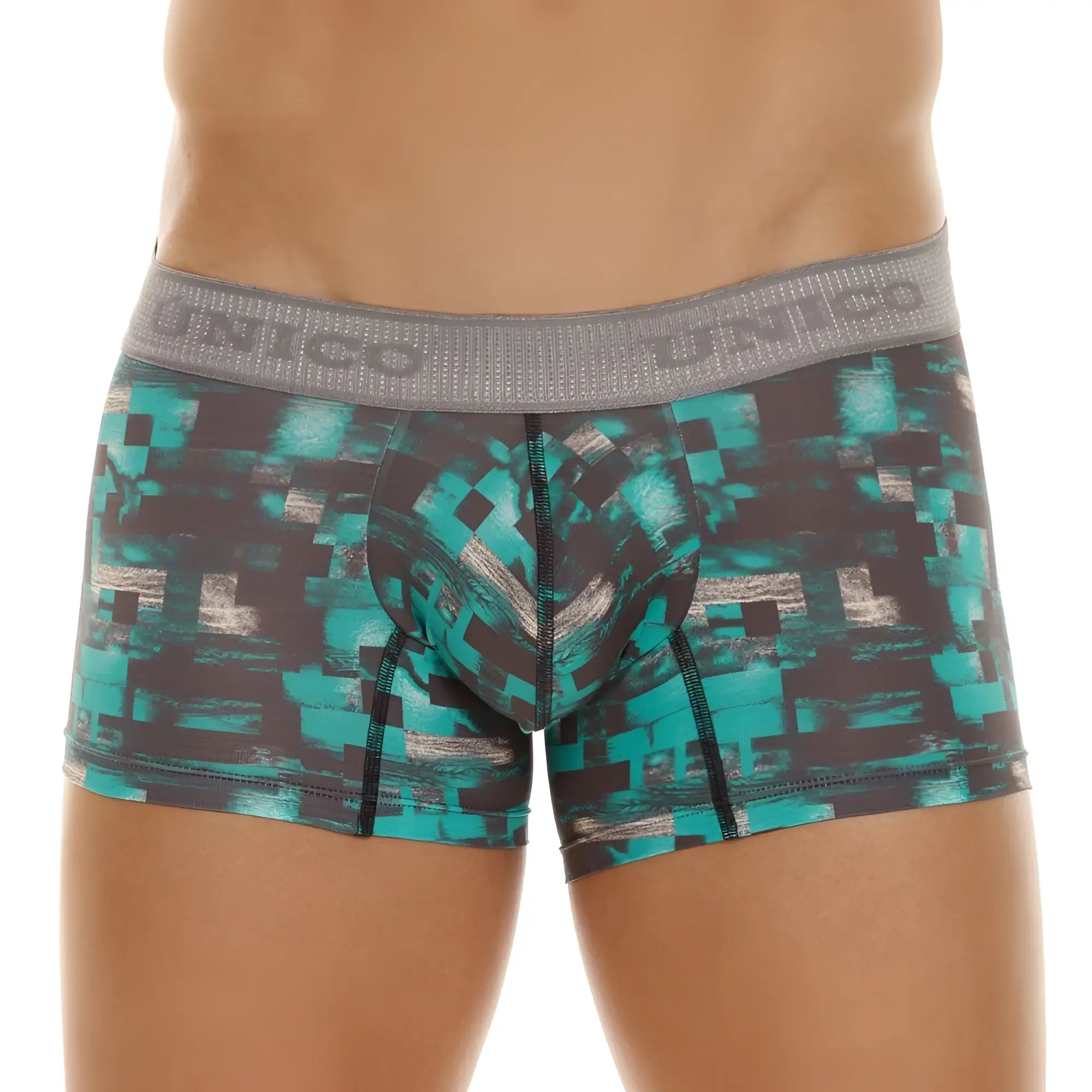 Teal and black pixelated patterned men’s boxer briefs with gray unico waistband in unico 23050100104 escaque trunks color 63-green