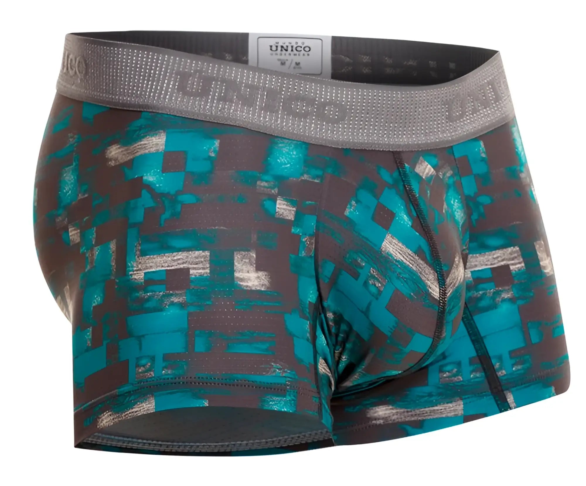 Teal and gray pixelated pattern unico escaque trunks boxer briefs with branded elastic waistband in green color
