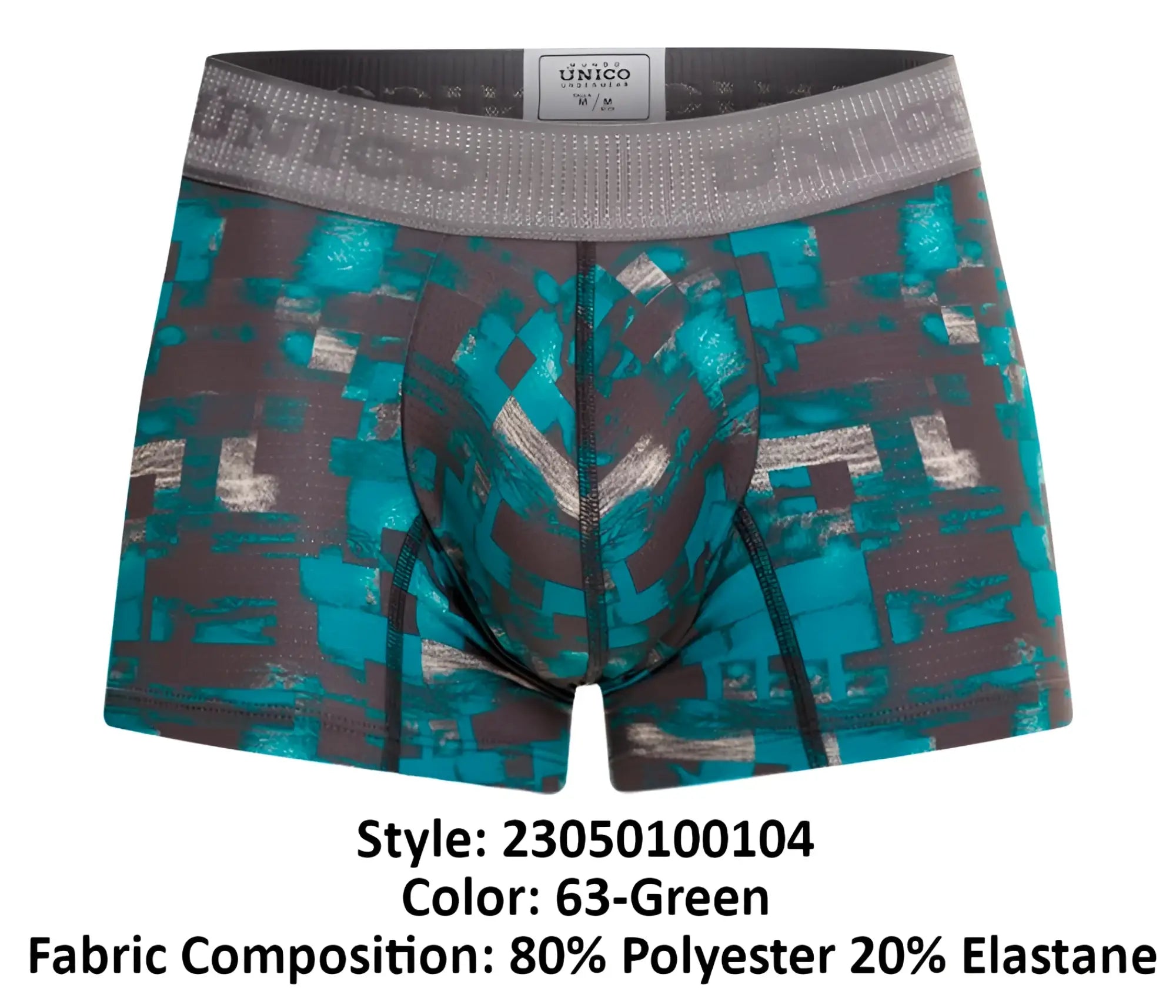 Teal and gray pixelated patterned unico 23050100104 escaque trunks men’s boxer briefs with branded elastic waistband