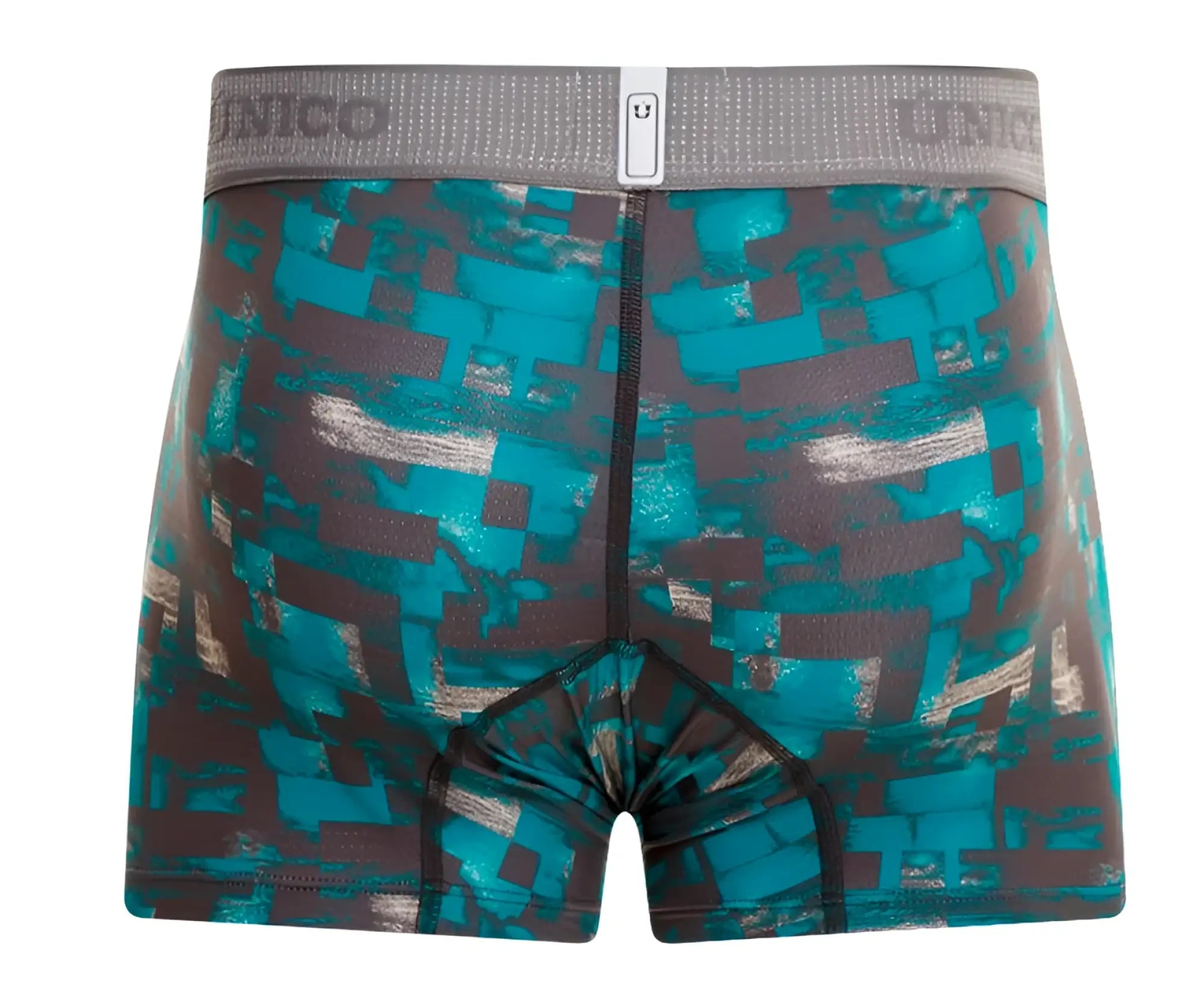 Teal and gray pixelated patterned Unico escaque trunks with branded elastic waistband in color 63-green