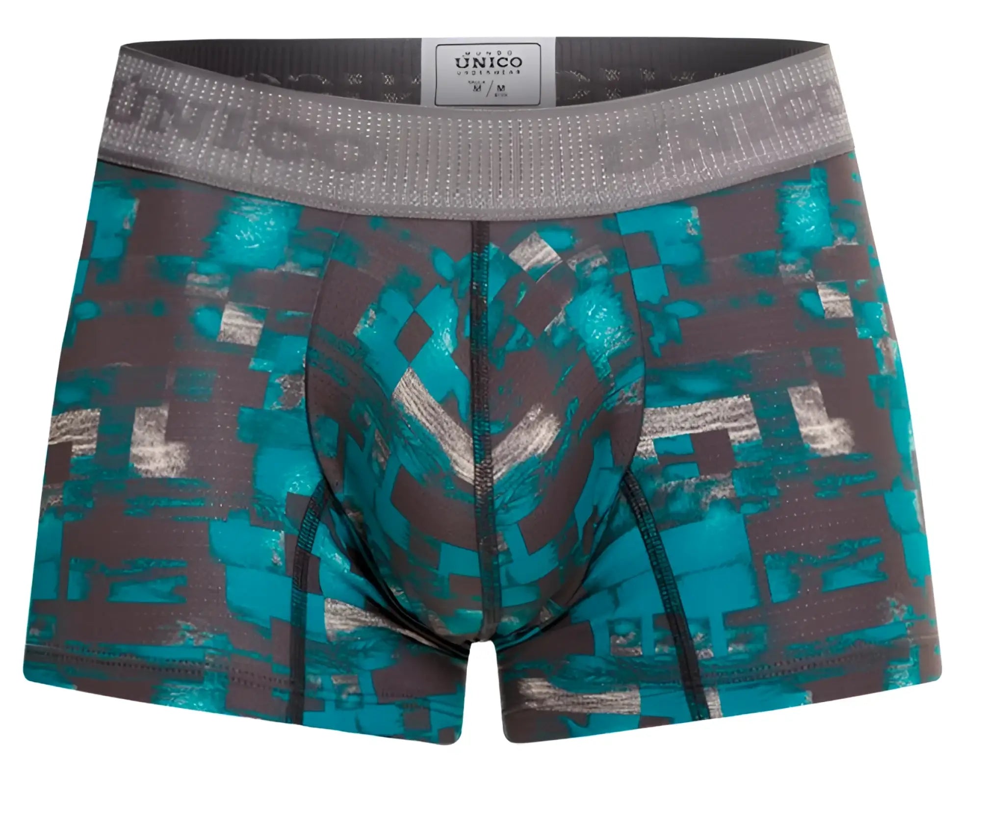 Teal and gray pixelated patterned men’s boxer briefs with branded elastic waistband from unico escquee trunks color 63-green