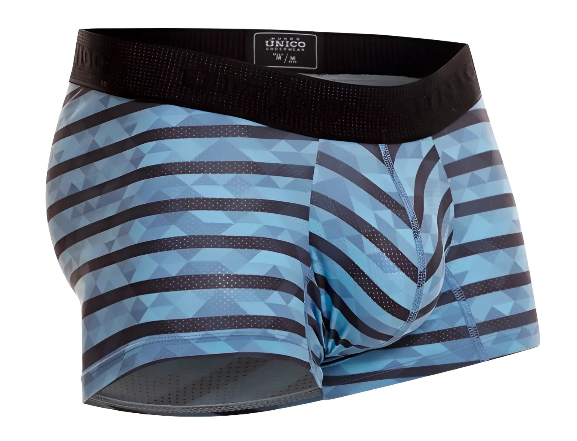 Men’s unico 23050100116 espectaculo trunks in blue and black geometric stripes with black elastic waistband