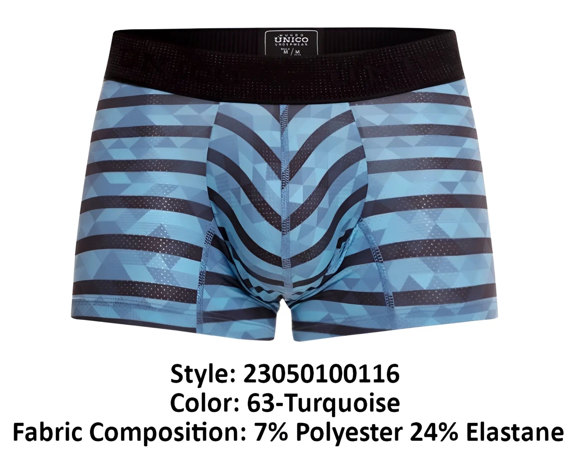 Blue and black geometric-patterned unico 23050100116 espectaculo trunks with black elastic waistband in turquoise color