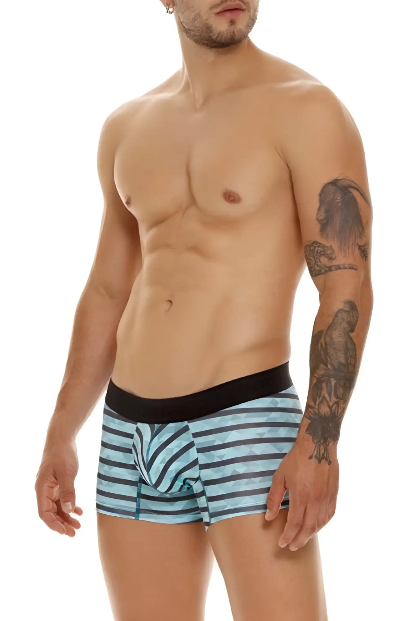 Unico 23050100116 espectacular turquoise men’s boxer briefs with blue and black stripes and solid black waistband