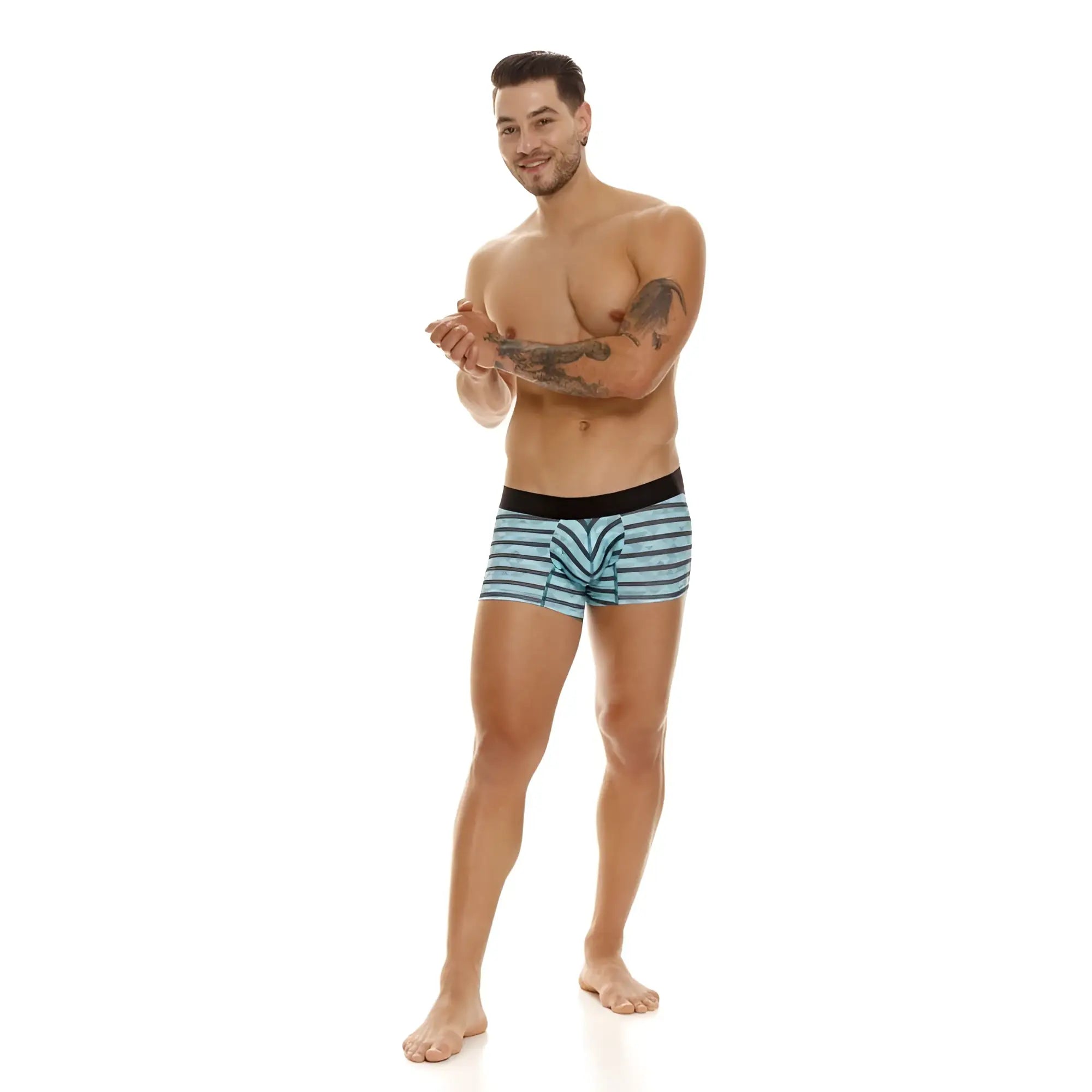 Unico espectaculo trunks blue and white striped boxer briefs with black waistband in turquoise color