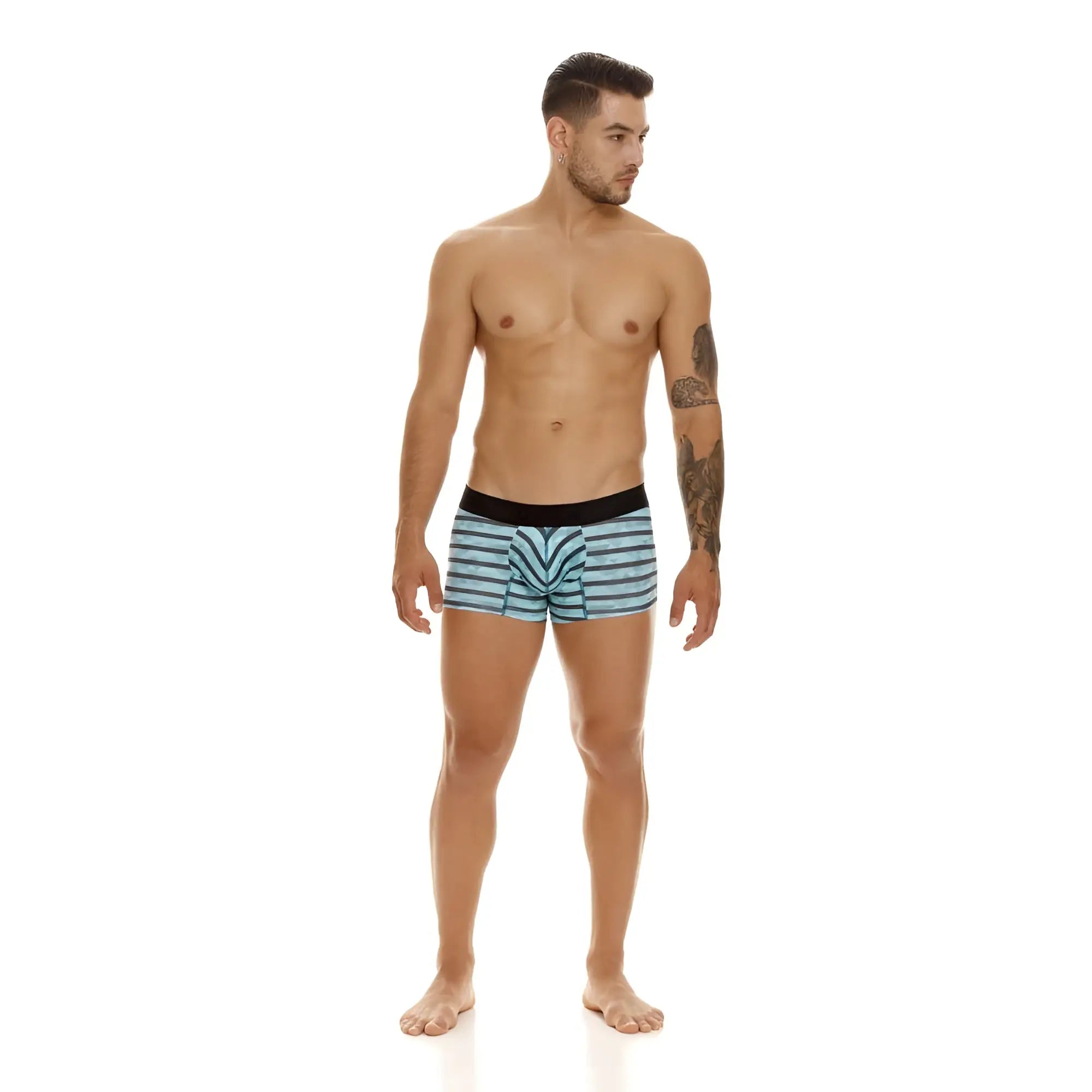 Unico 23050100116 espectaculo trunks in light blue and black striped boxer briefs with a solid black waistband