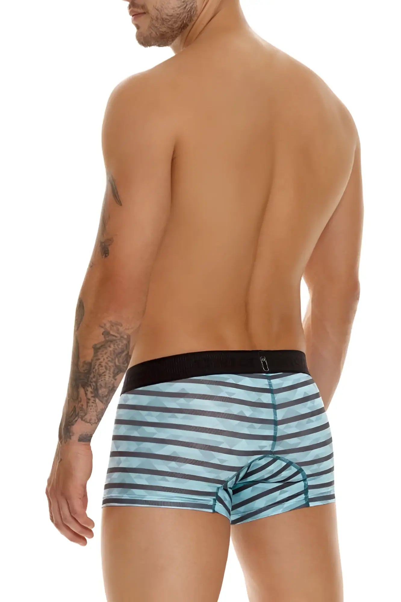 Unico espectaculo trunks boxer briefs in light blue and dark gray stripes with black waistband color 63-turquoise