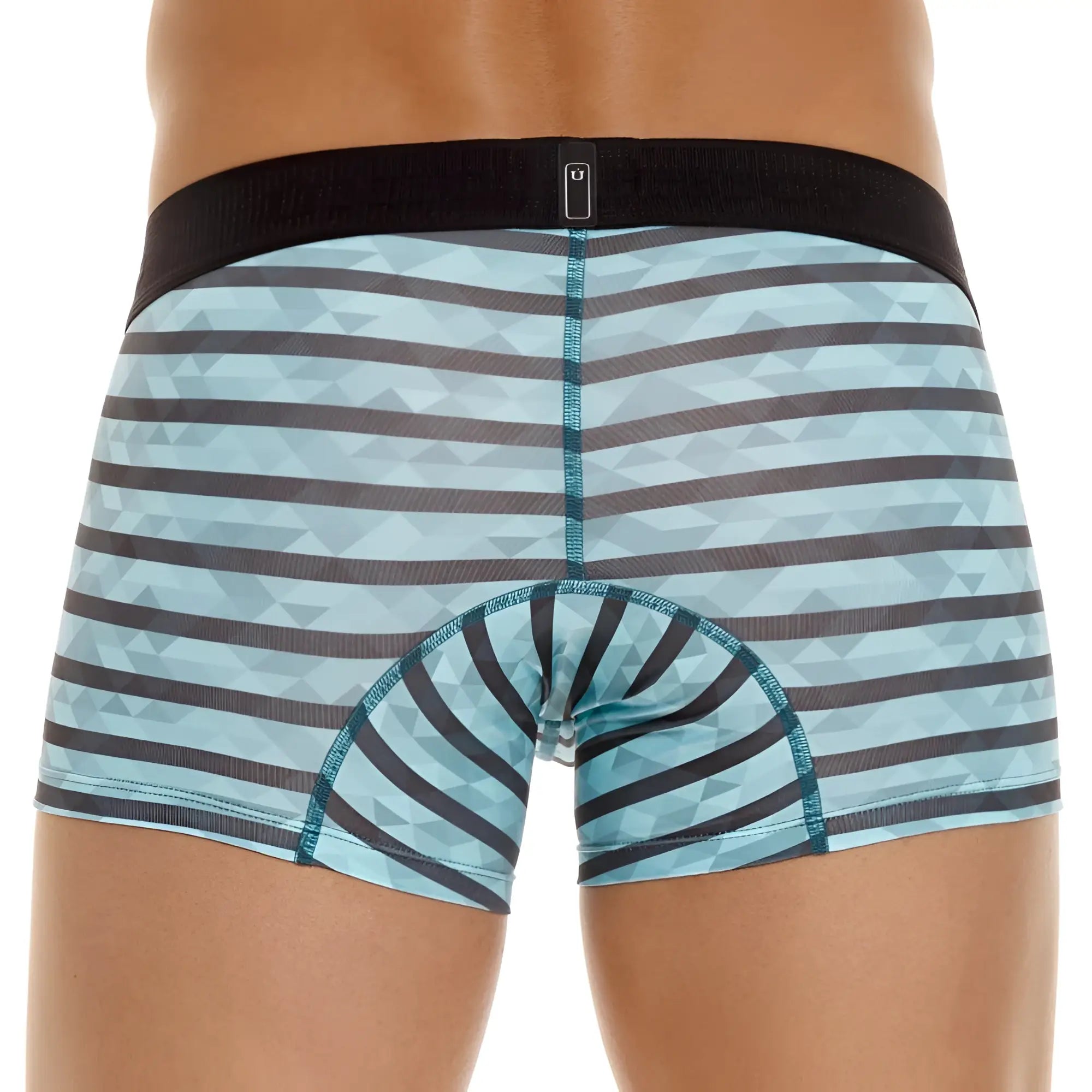 Unico 23050100116 Espectaculo trunks men’s boxer briefs in light blue and dark gray geometric stripes with black waistband