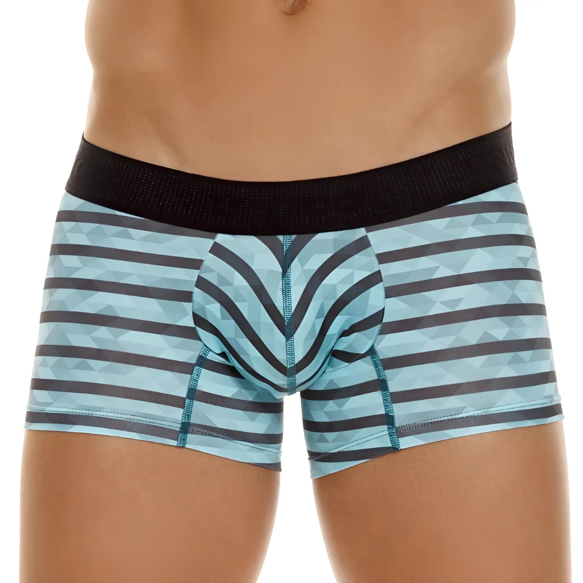 Unico 23050100116 Espectaculo trunks in light blue and dark gray geometric stripes with black elastic waistband