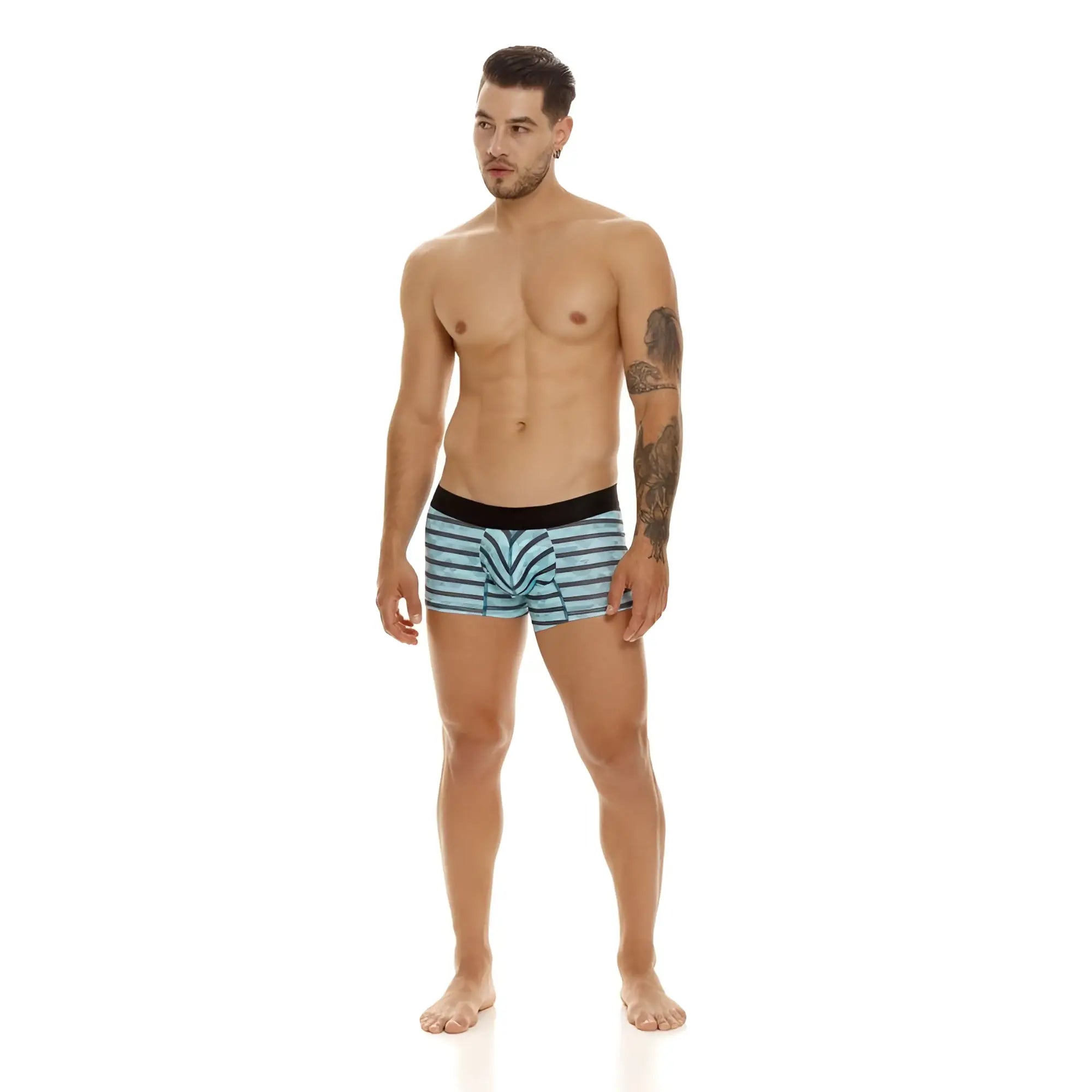 Men’s unico 23050100116 espectaculo trunks in turquoise with light blue white stripes black waistband and geometric front pattern