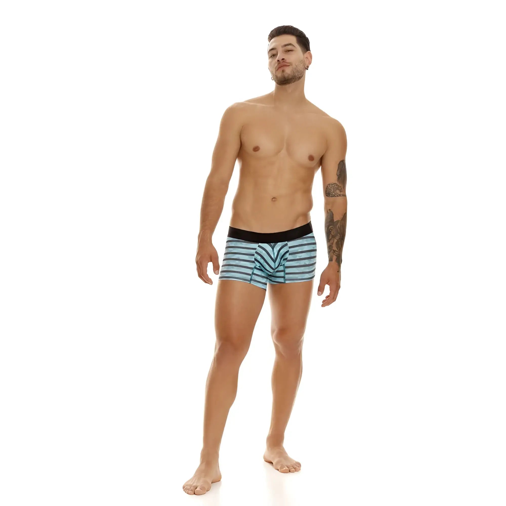 Men’s unico 23050100116 espectaculo trunks boxer briefs with light blue and white stripes and black waistband