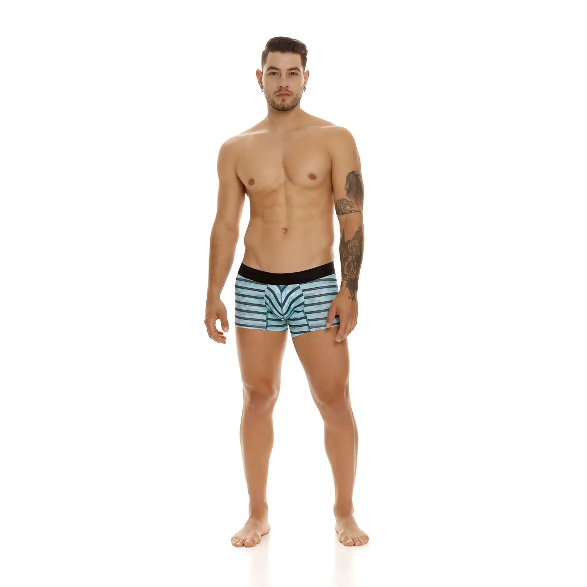 Men’s unico 23050100116 espectaculo trunks with light blue and white striped fabric and black waistband