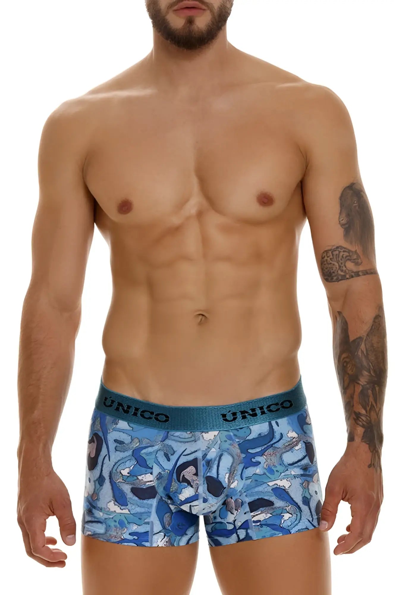 Unico 23080100106 atlantida men’s blue patterned boxer briefs with teal waistband for comfortable wear