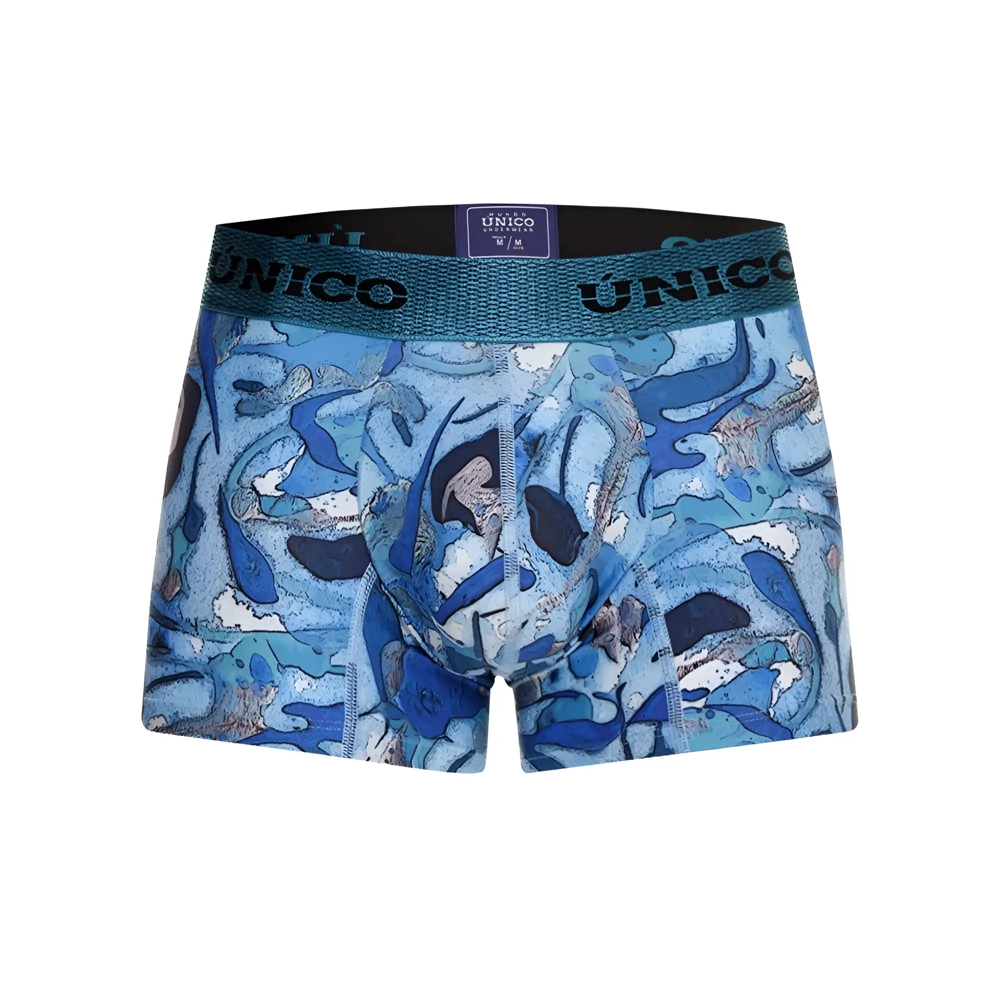 Blue patterned unico 23080100106 atlantida men’s boxer briefs with teal waistband for everyday comfort