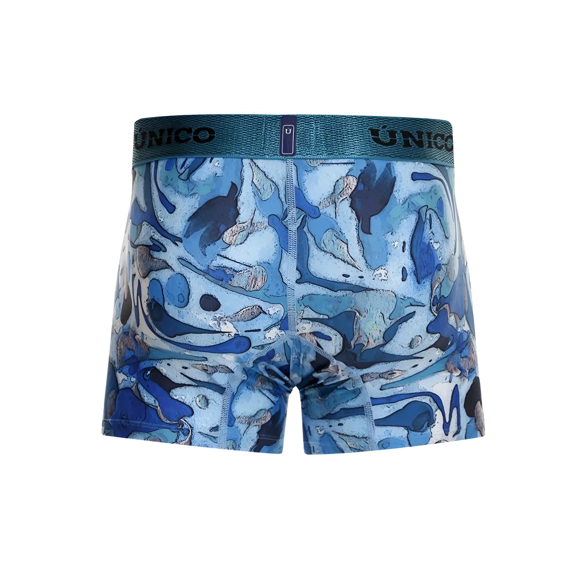 Unico 23080100106 atlantida trunks blue and white abstract patterned boxer briefs with textured teal waistband