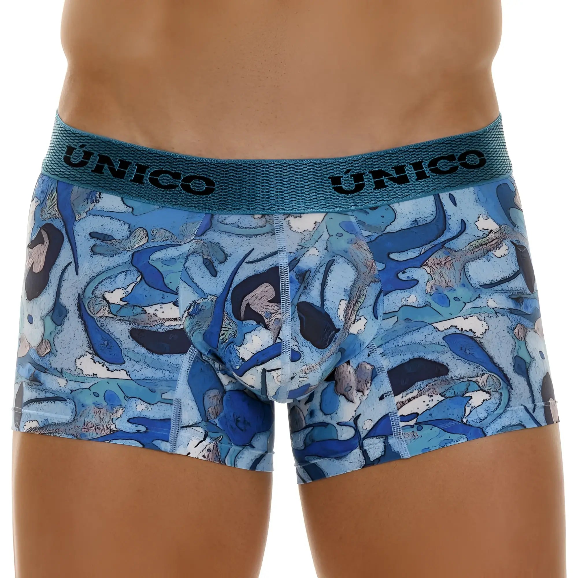 Unico 23080100106 atlantida trunks blue and white abstract patterned men’s boxer briefs with textured teal waistband
