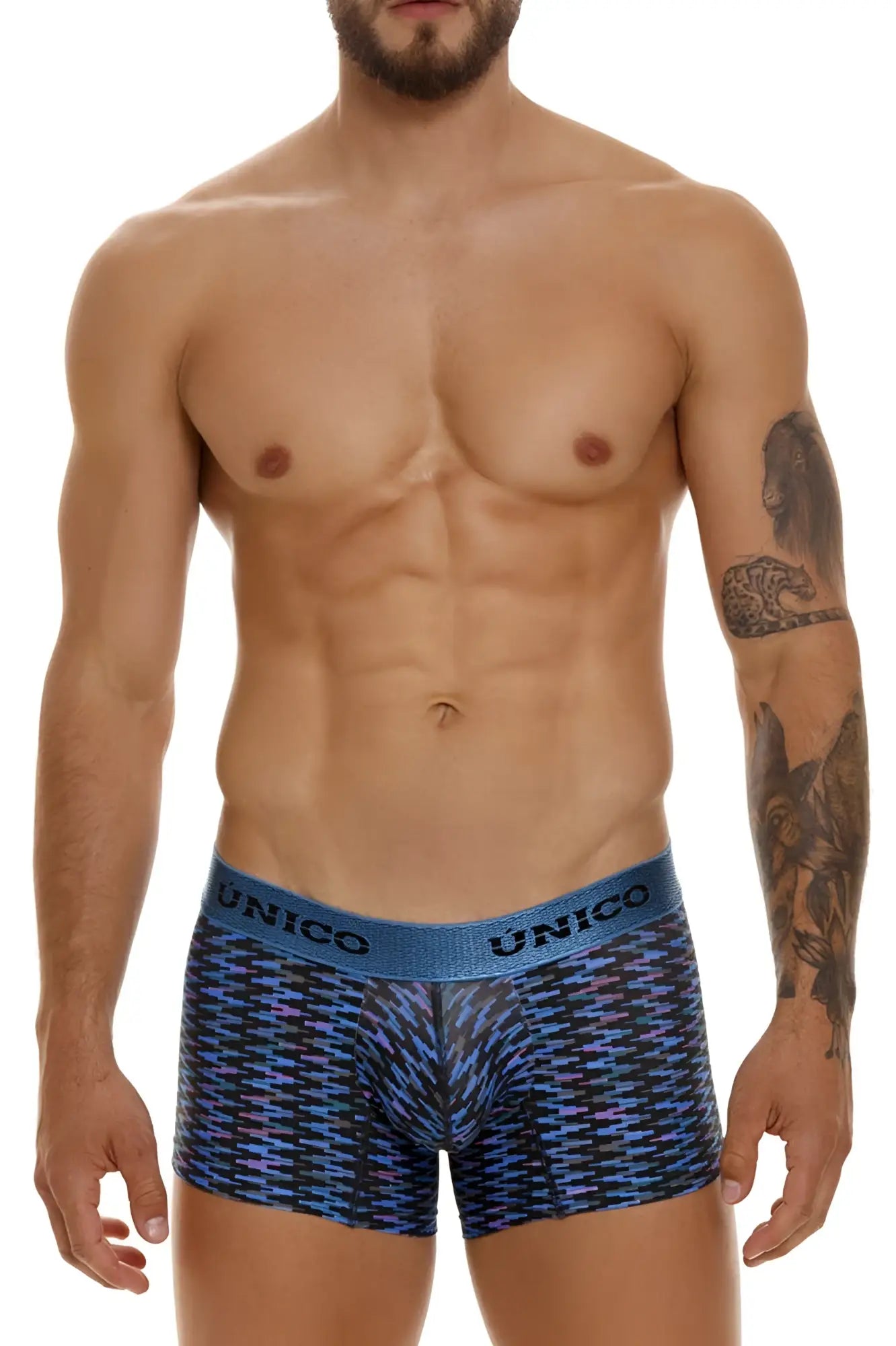 Unico 23080100121 filamento trunks blue and black patterned boxer briefs with solid blue waistband front view