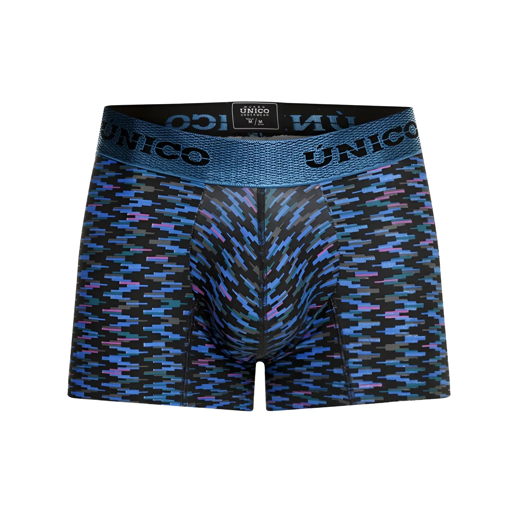Unico 23080100121 filamento men’s black and blue patterned boxer briefs with textured waistband color 46 blue