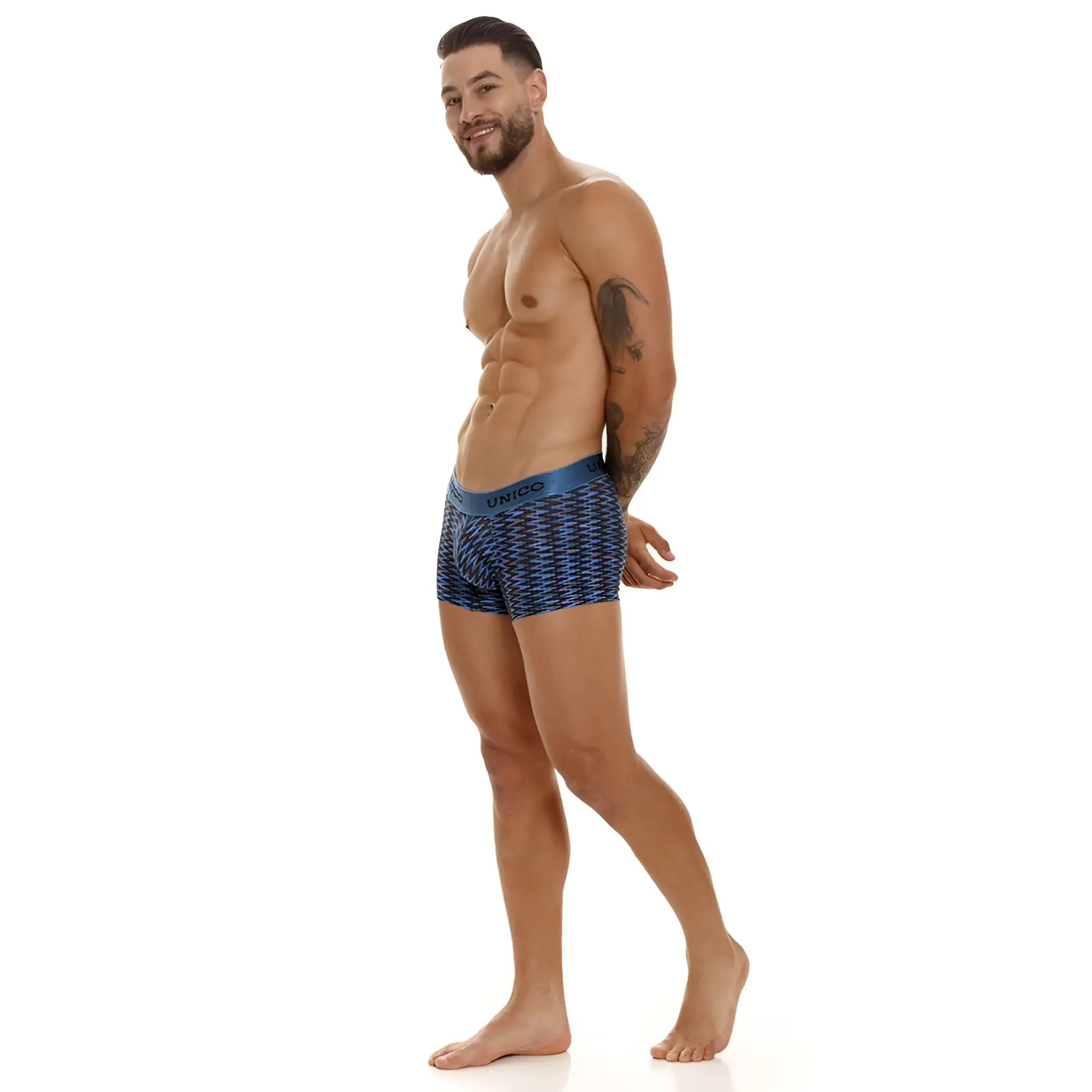 Unico 23080100121 filamento trunks in blue featuring patterned geometric design boxer briefs for comfortable wear