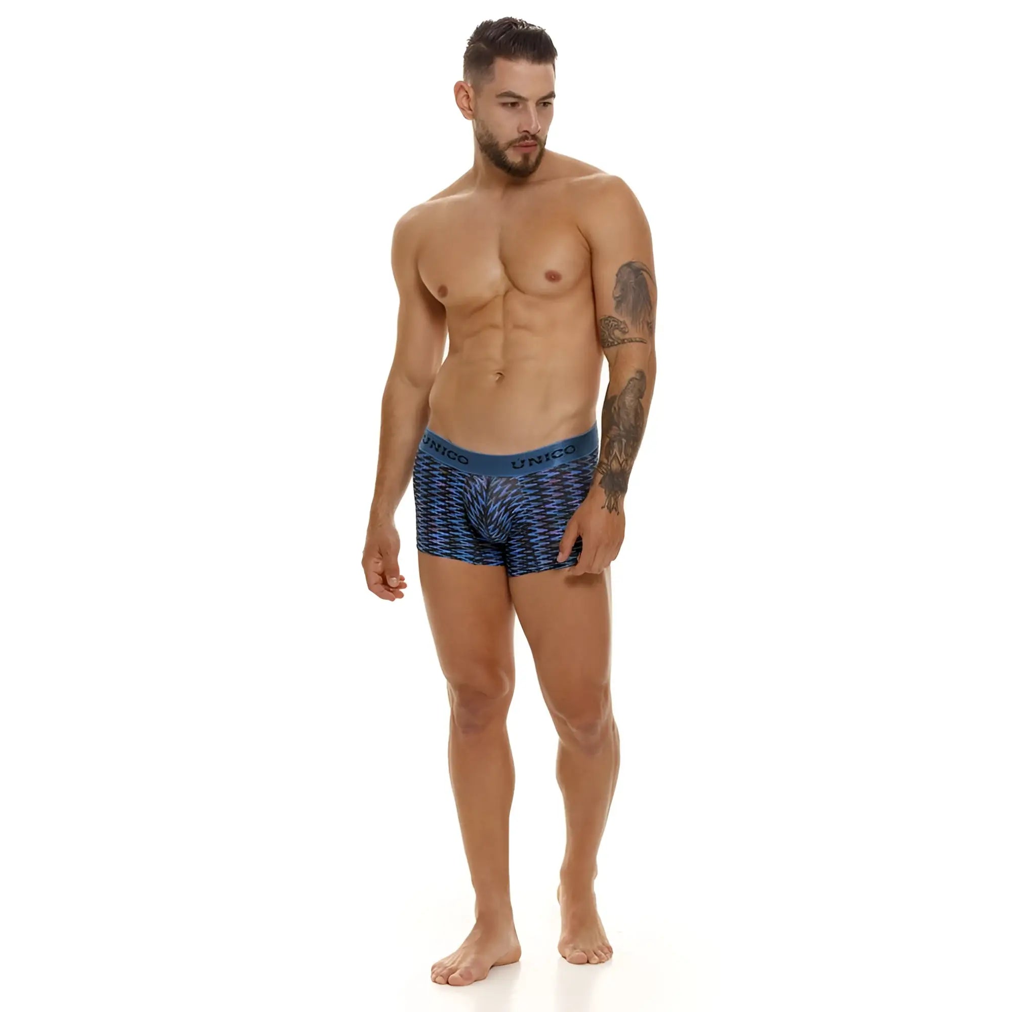 Unico 23080100121 filamento trunks in blue feature a geometric pattern on soft lightweight boxer briefs