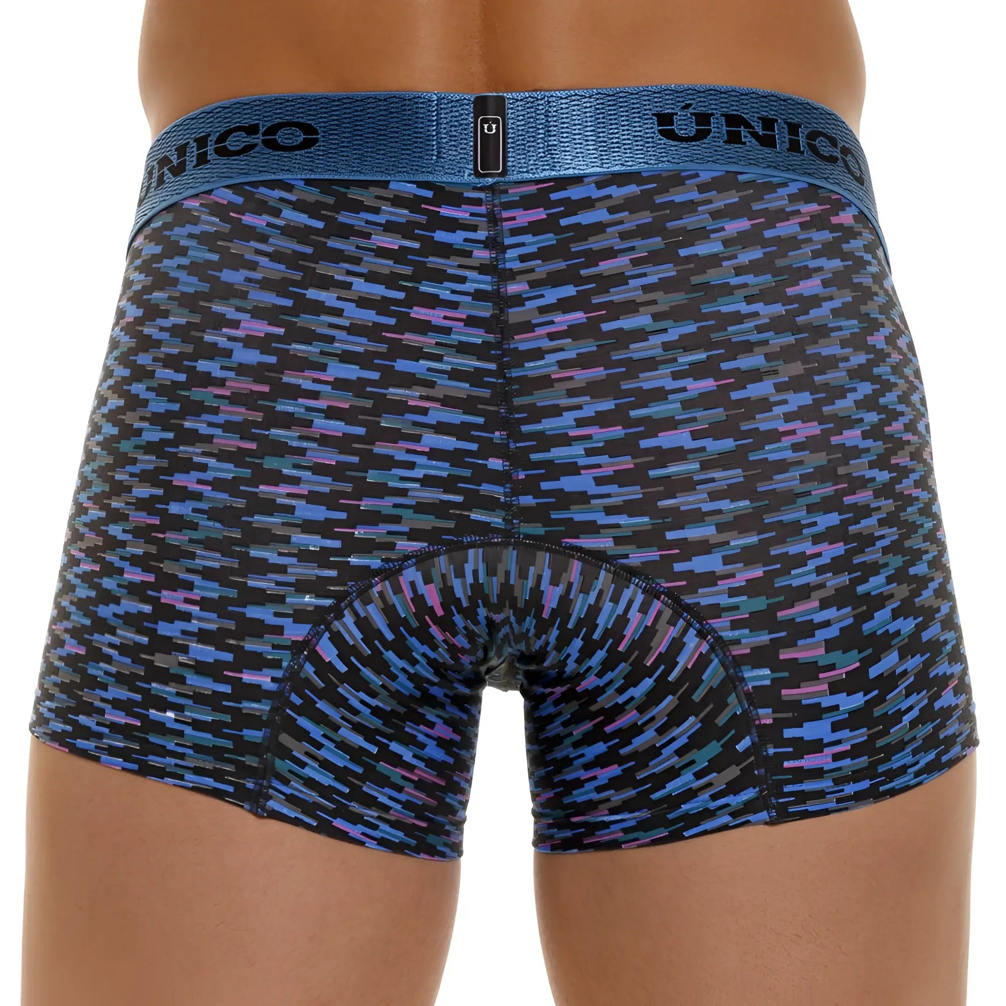 Unico 23080100121 filamento trunks blue men’s boxer briefs with blue and purple geometric pattern and textured waistband