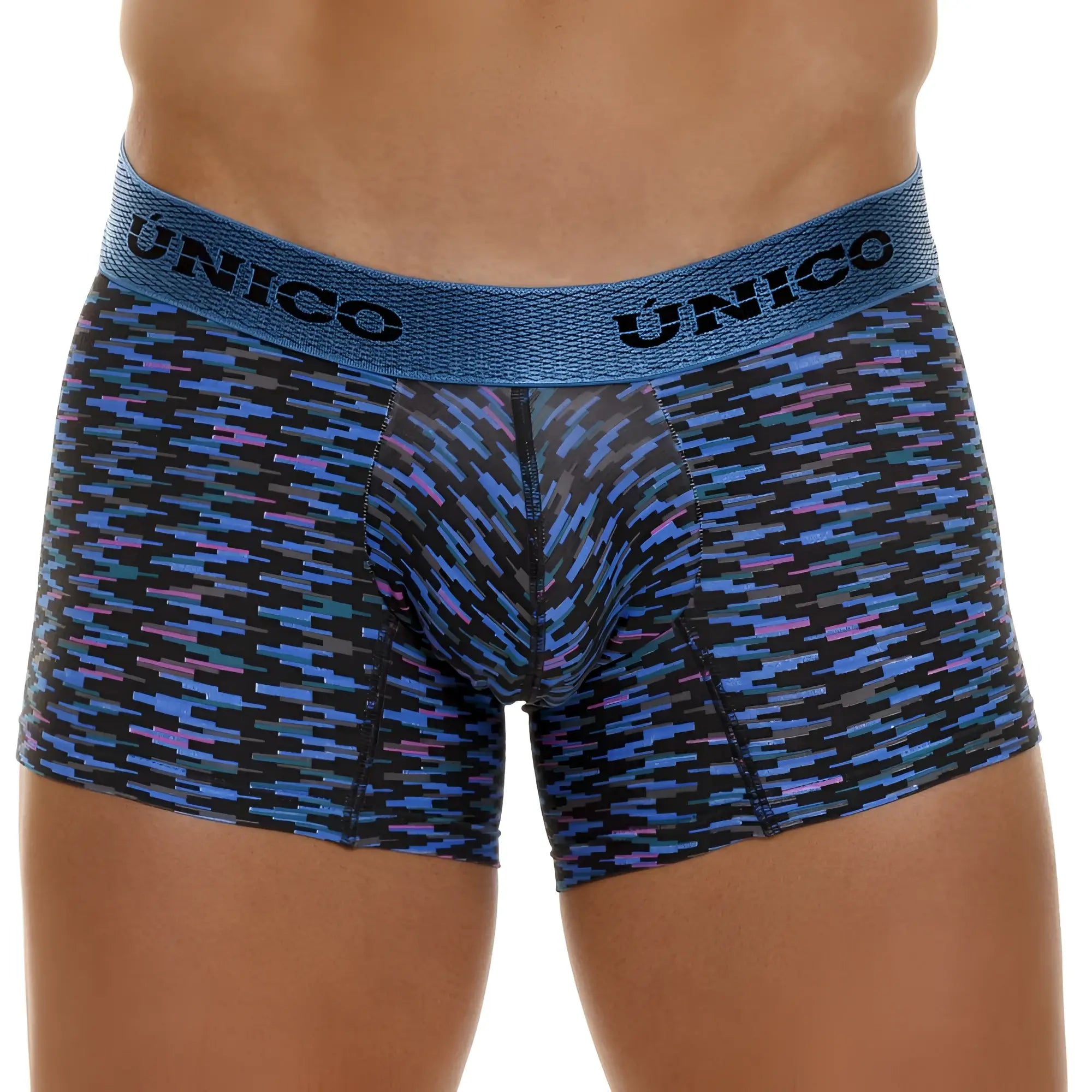 Unico 23080100121 filamento trunks mens boxer briefs in blue with purple geometric pattern and textured waistband