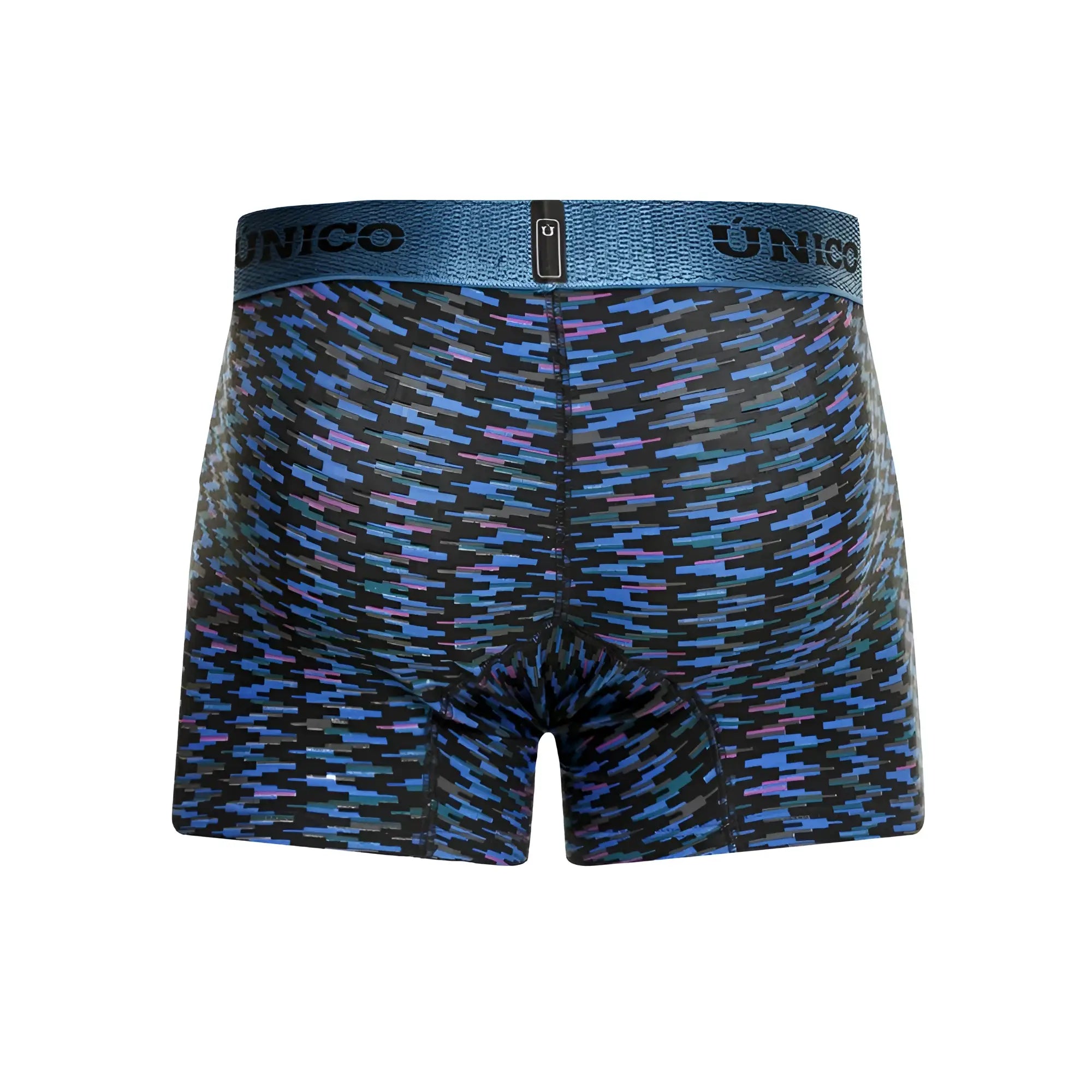 Unico 23080100121 filamento trunks blue boxer briefs with purple geometric pattern and textured waistband