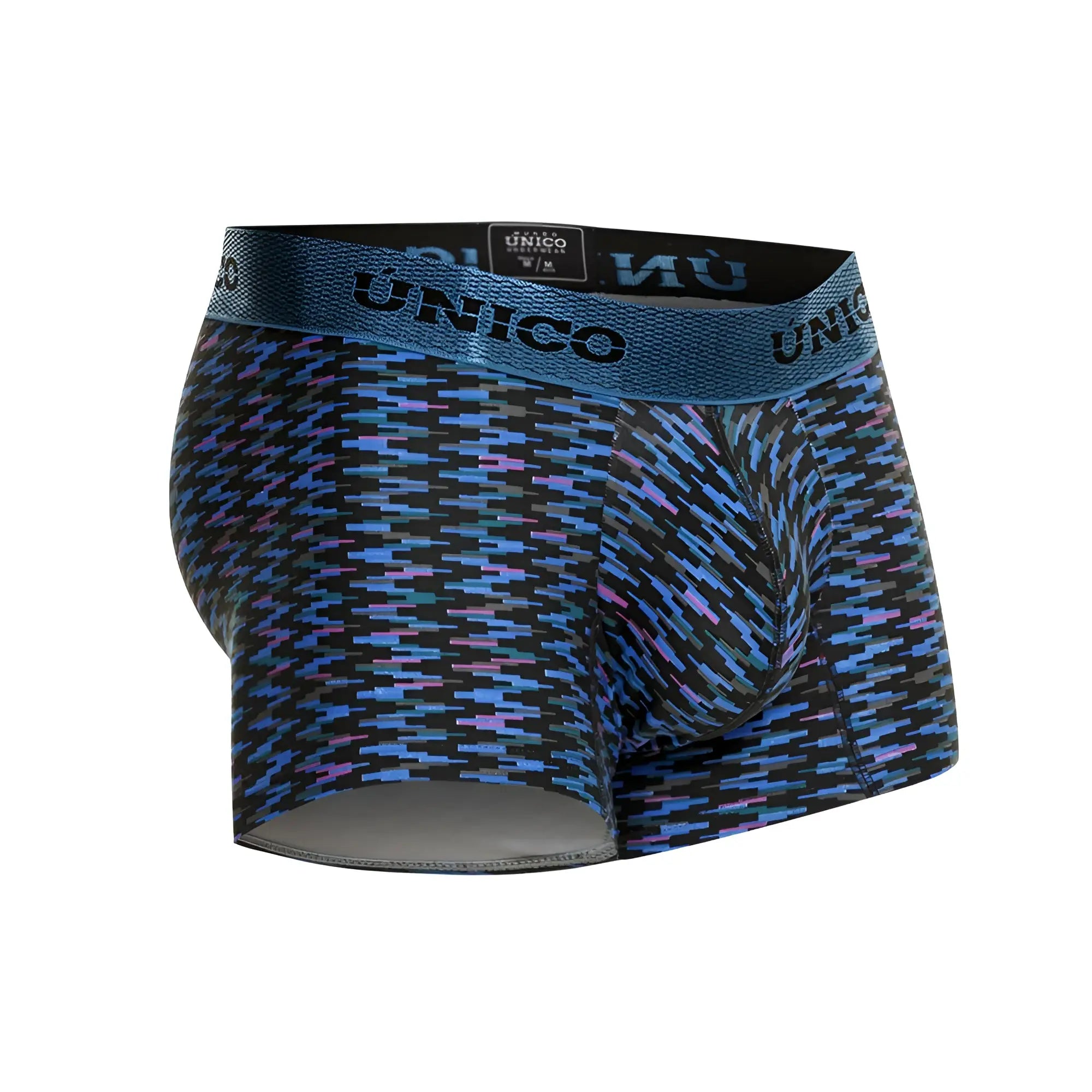 Unico 23080100121 filamento trunks men’s boxer briefs with blue and purple geometric pattern and textured elastic waistband