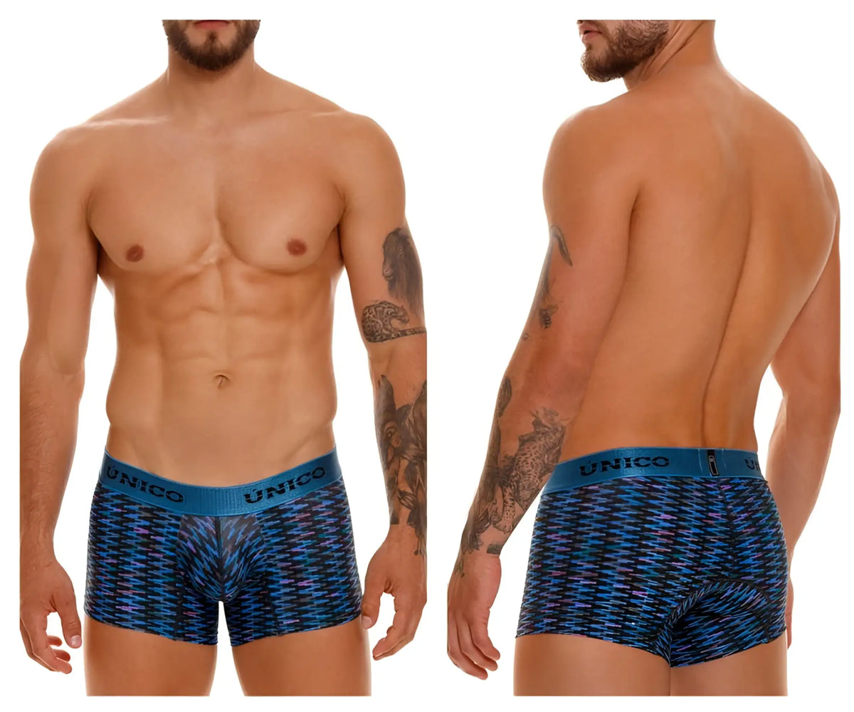 Unico 23080100121 filamento blue boxer briefs with purple geometric pattern made from soft filament fabric