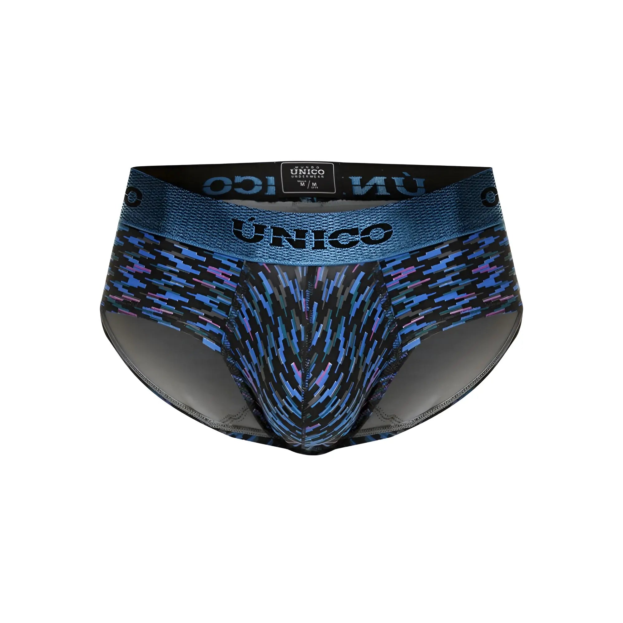 Blue and black patterned unico filamento men’s briefs with textured waistband in color 46-blue front view