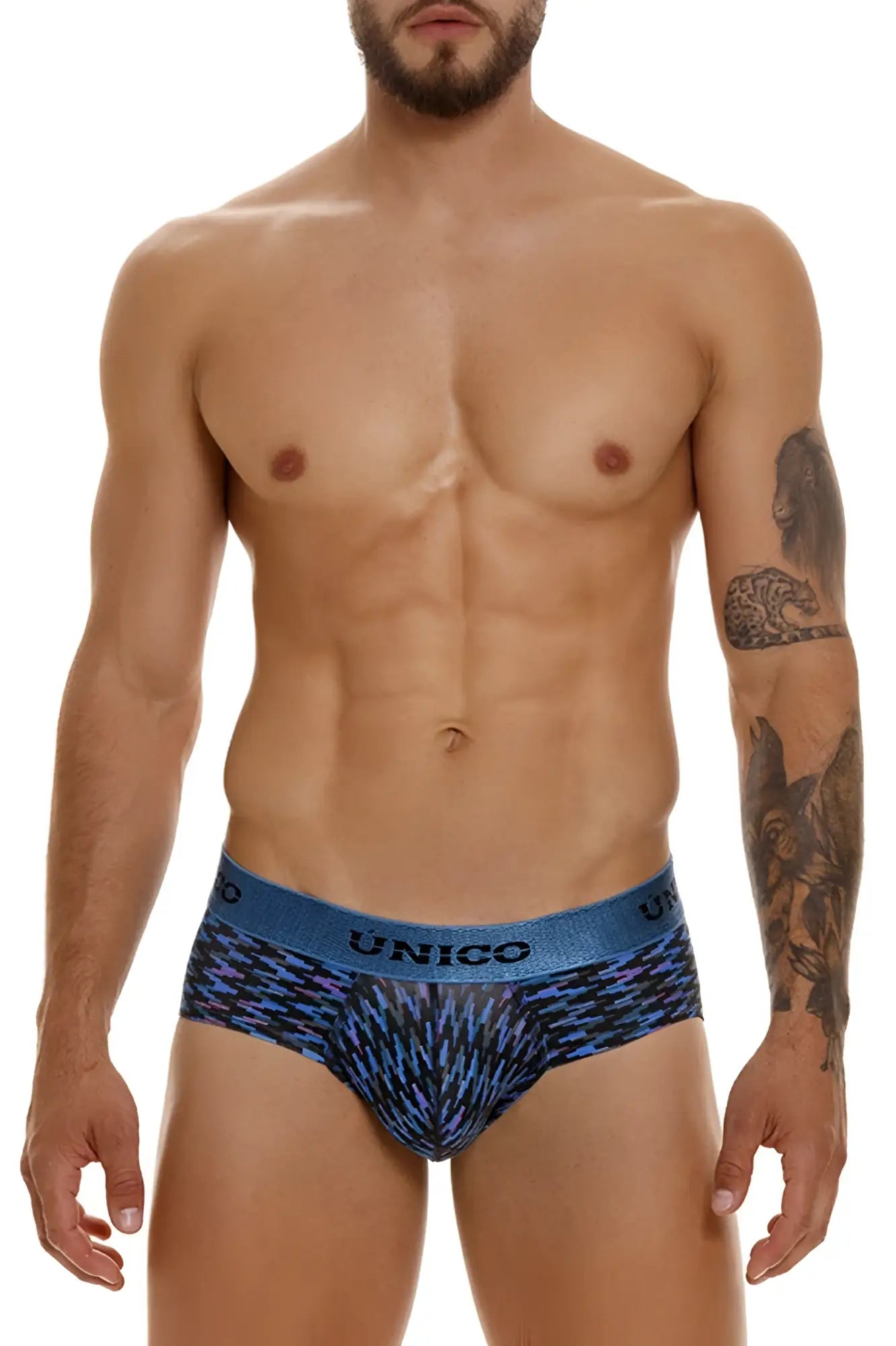 Unico 23080101121 filamento briefs in blue feature black textured geometric patterns for men