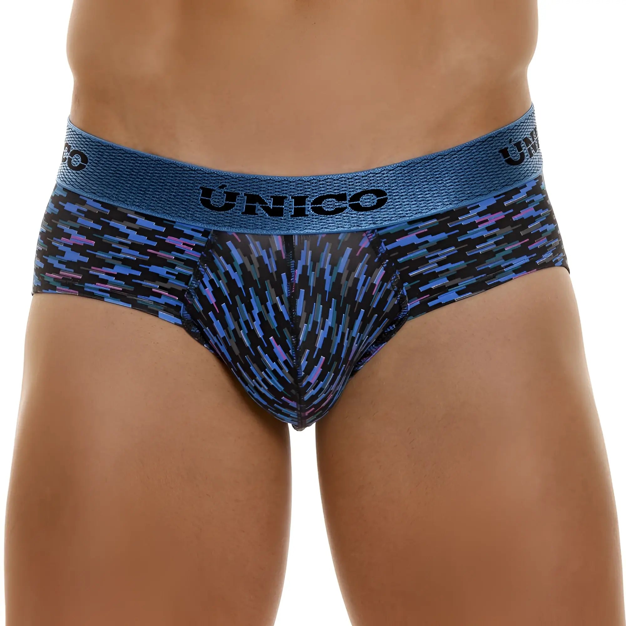 Unico 23080101121 filamento briefs in blue black pattern with textured waistband for men