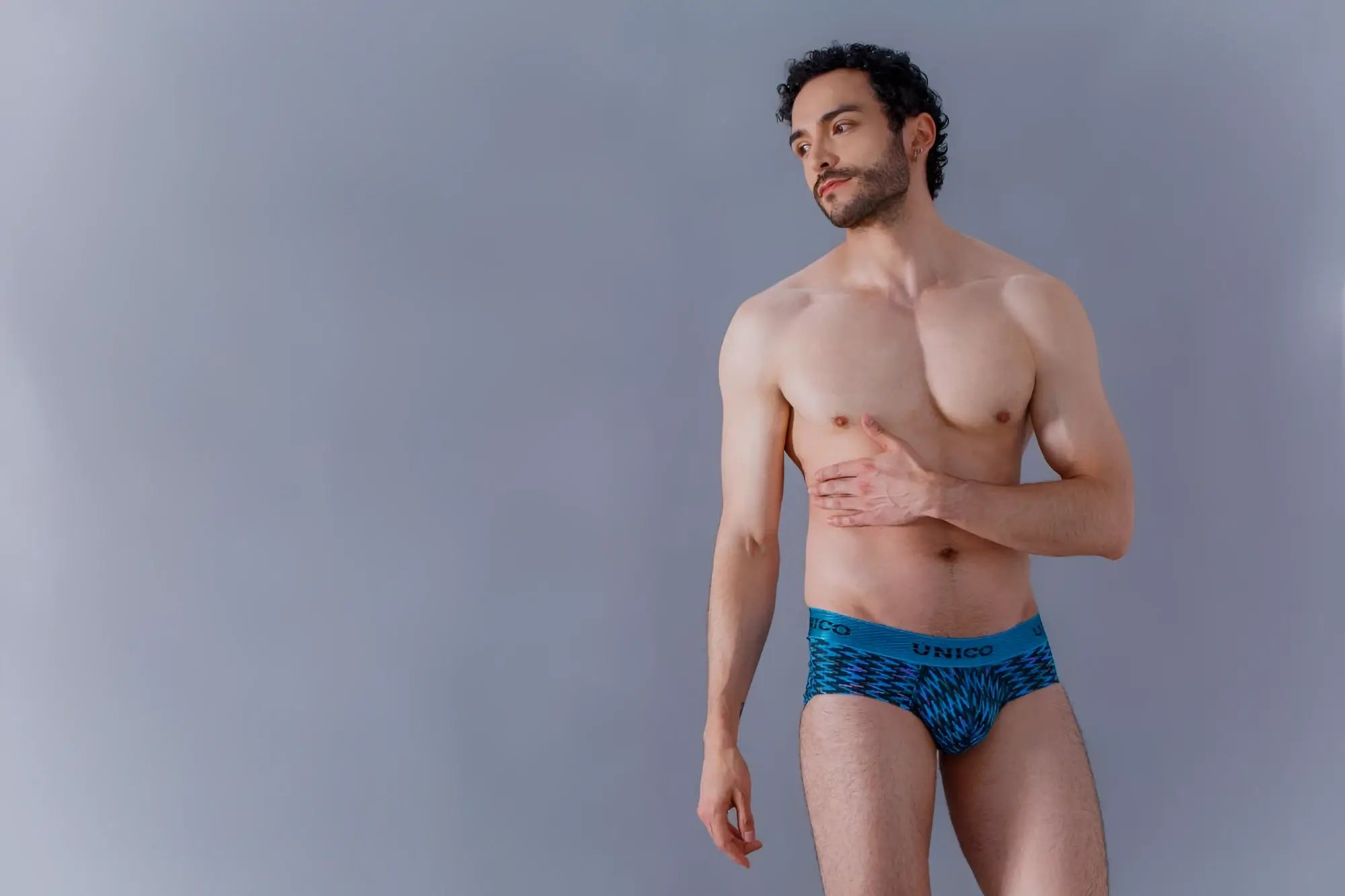 Unico 23080101121 filamento briefs in blue featuring a patterned design and comfortable men’s fabric fit