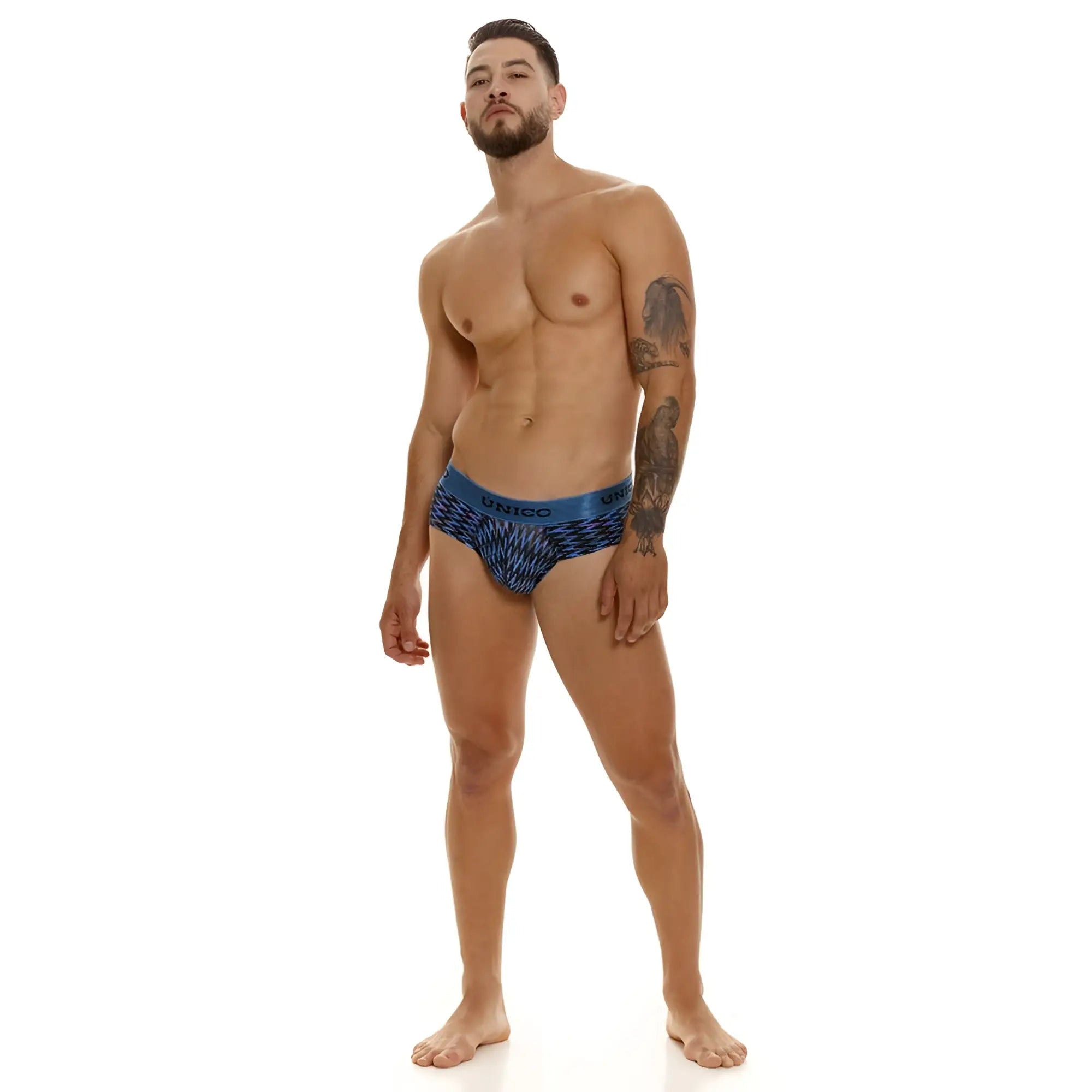 Unico 23080101121 Filamento briefs in blue with a textured design and patterned fabric for men