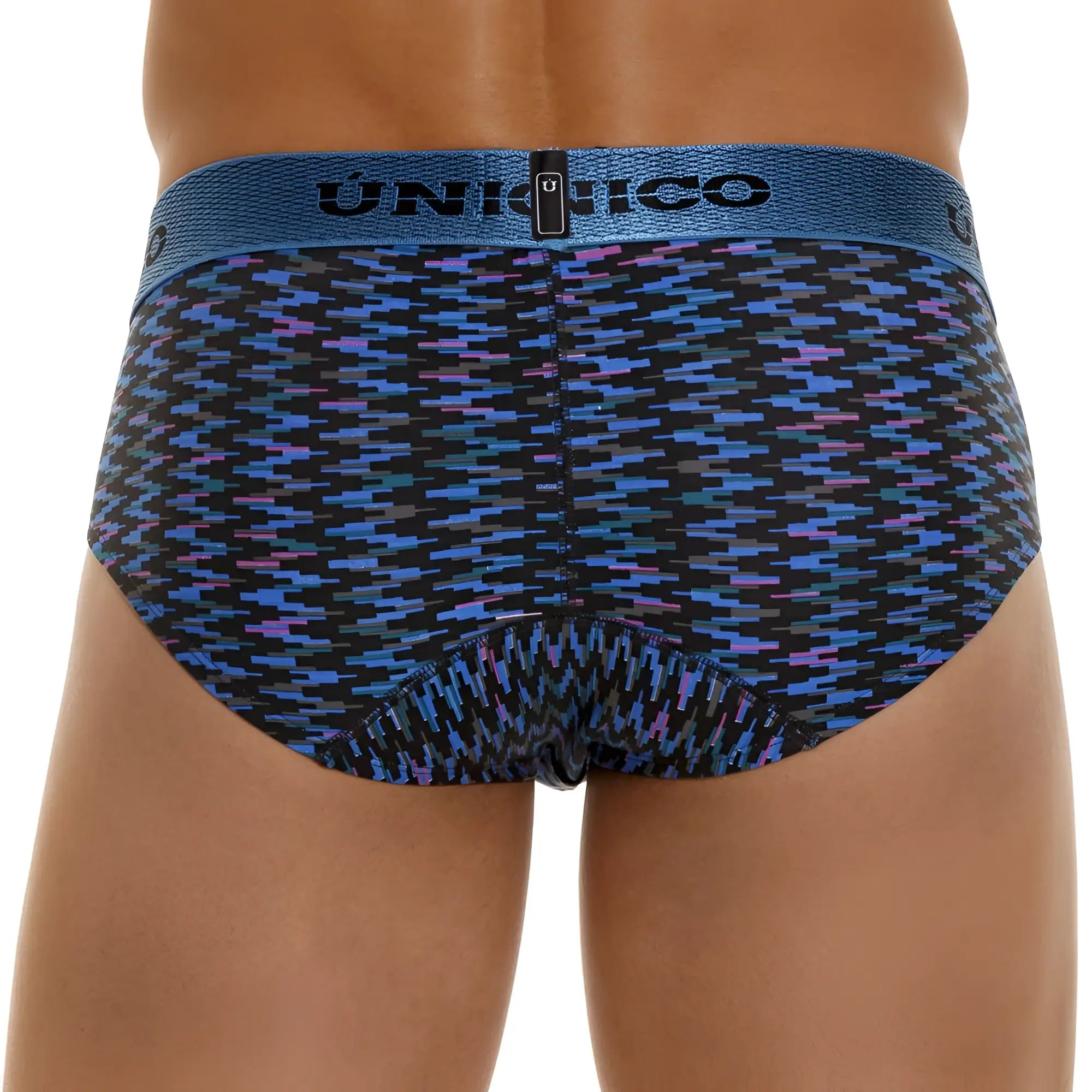 Unico 23080101121 filamento briefs in blue with purple geometric pattern and textured waistband for men