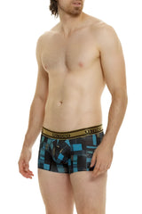 Unico 24010100104 Esquema men’s boxer briefs with blue and black geometric pattern and gold waistband