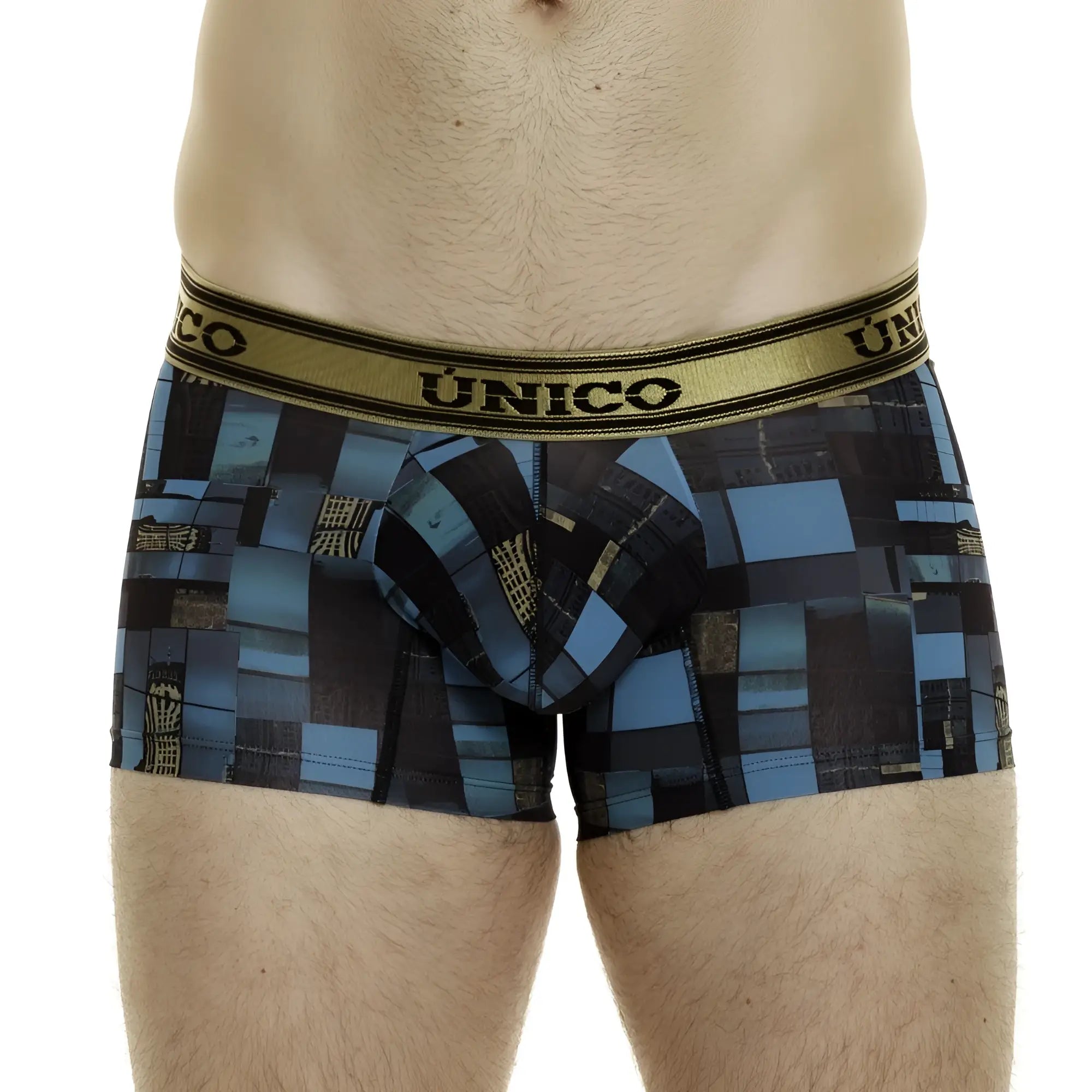 Unico 24010100104 esquema trunks blue and black geometric pattern boxer briefs with gold waistband front view