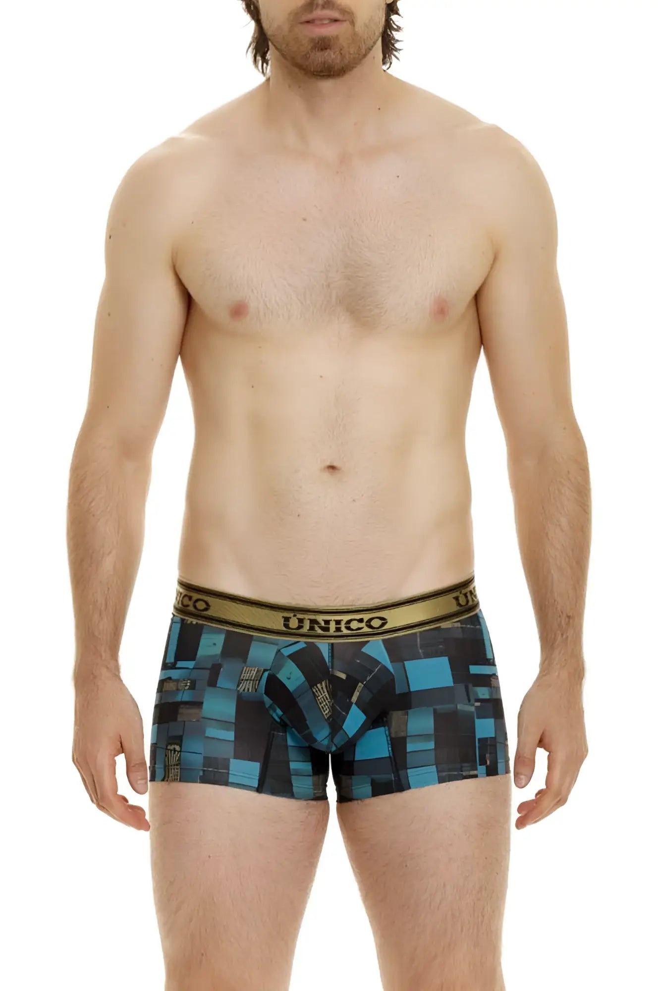 Unico 24010100104 esquema trunks in blue with black geometric pattern and gold waistband boxer briefs front view