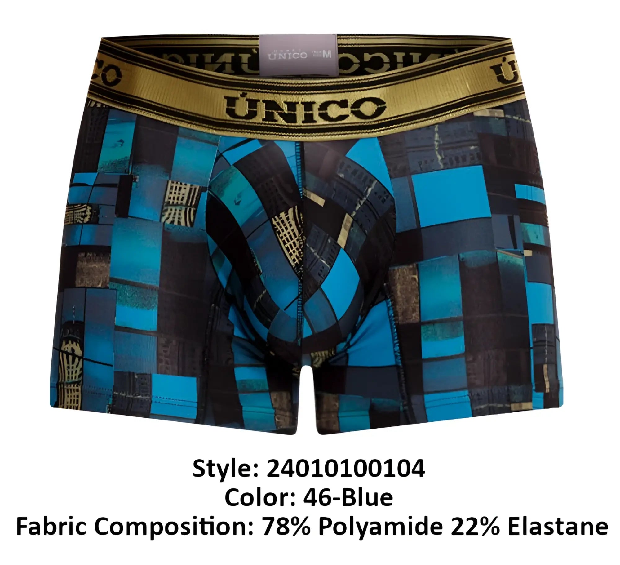 Unico 24010100104 Esquema blue and black geometric-patterned boxer briefs with gold-trimmed waistband featuring unico brand name