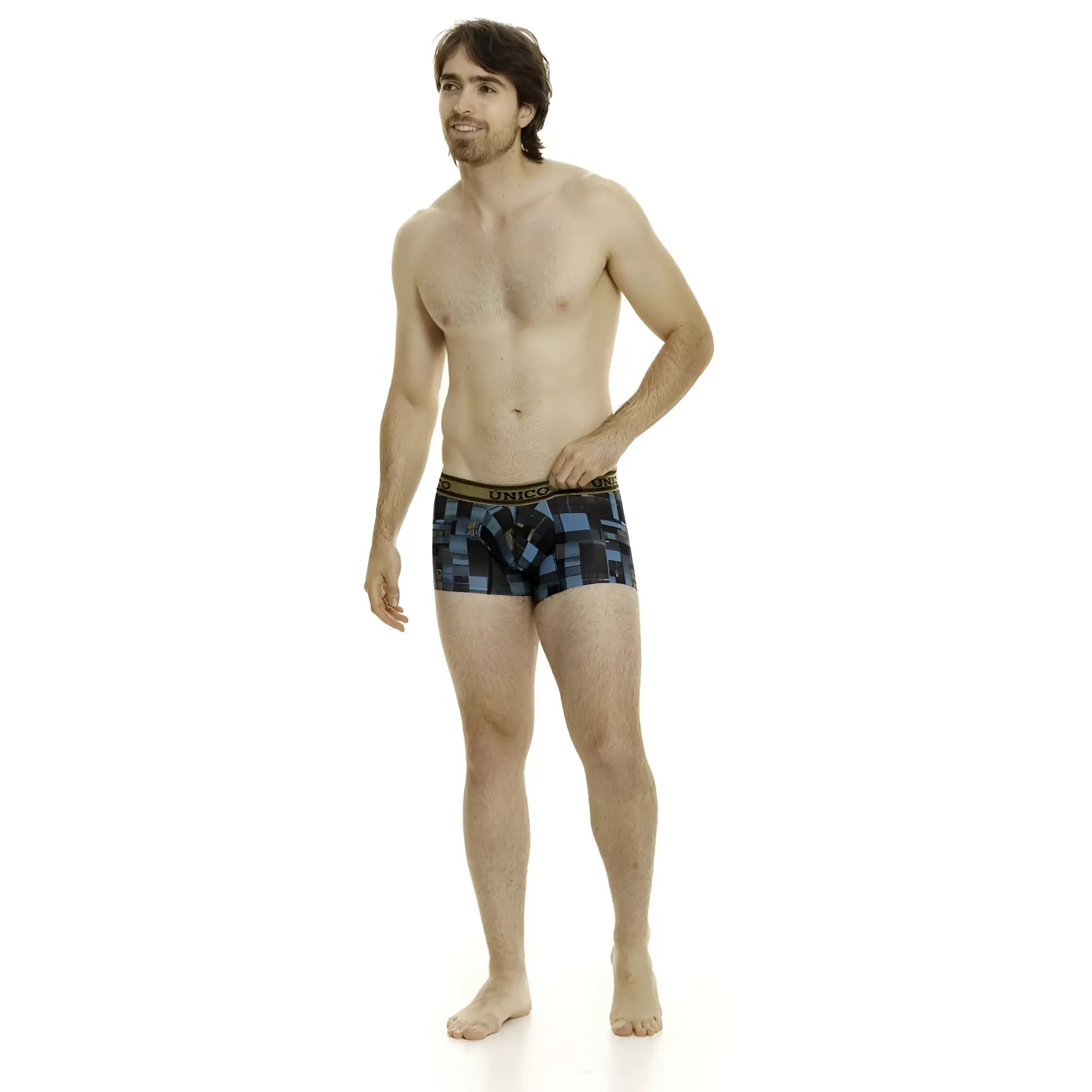 Men’s unico 24010100104 esquema trunks in blue with black geometric pattern and gold-trimmed waistband